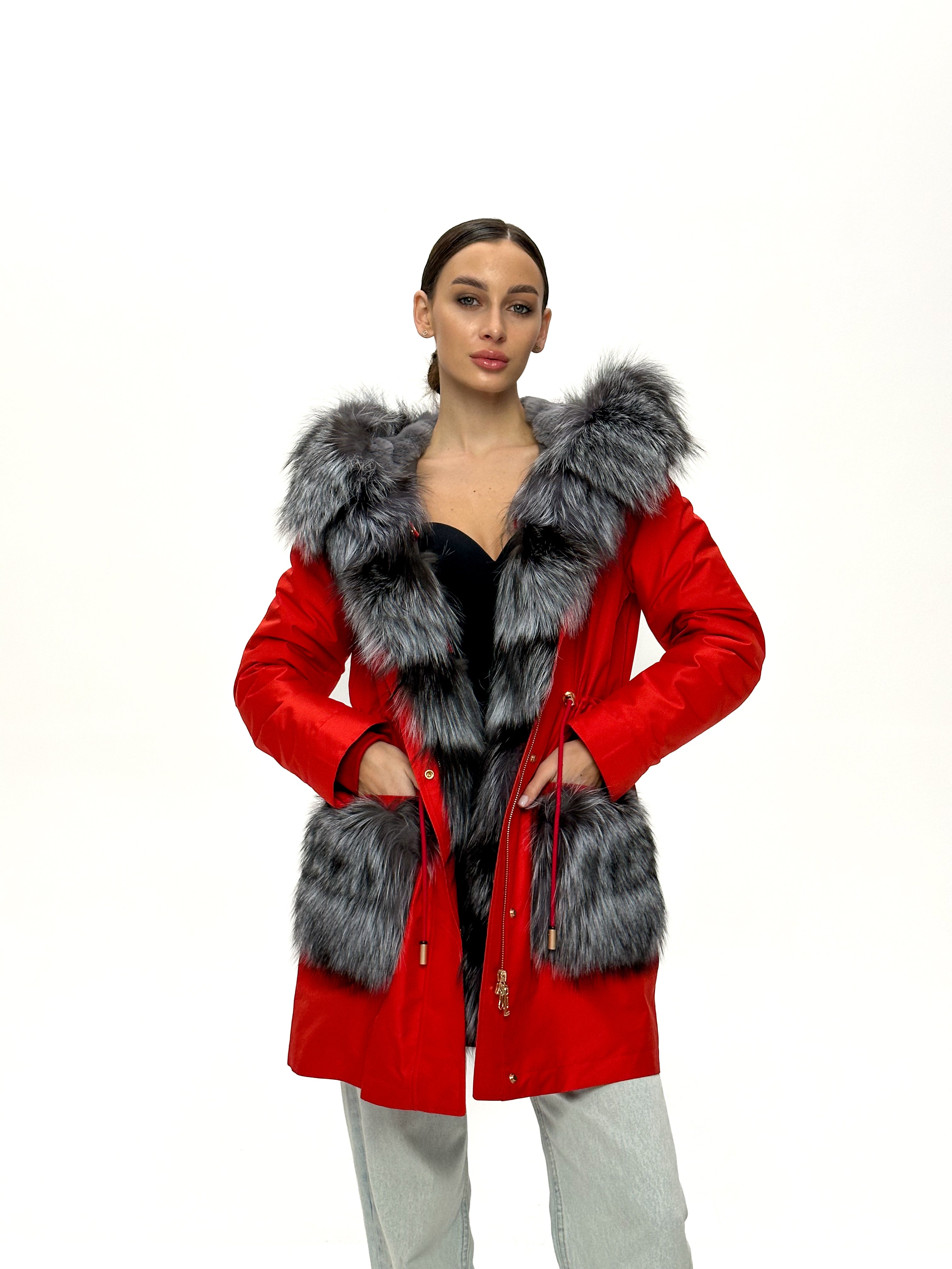 Roma Genuine Silver Fox Fur Rabbit Fur Insulated Parka in Red - Energize Trek