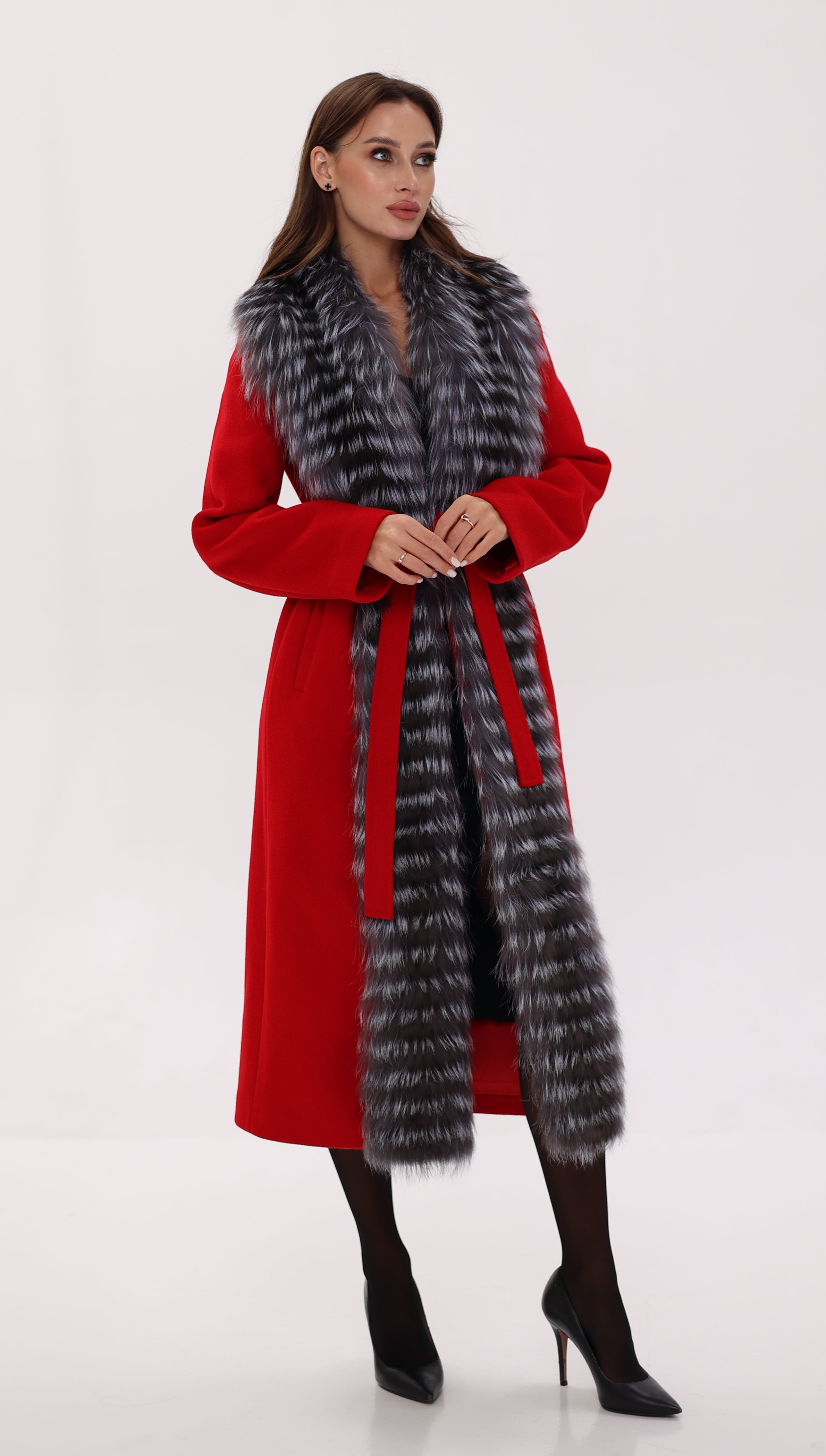Genuine Silver Fox Virgin Wool Wrap Coat in Red - Energize Trek