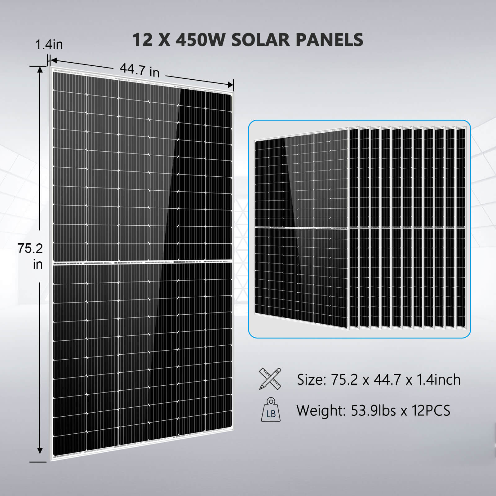 Off Grid Solar Kit 10000W 48VDC 120V/240V LifePO4 20.48KWH Lithium Battery 12 X 450 Watts Solar Panels SGR-10K2M - Energize Trek
