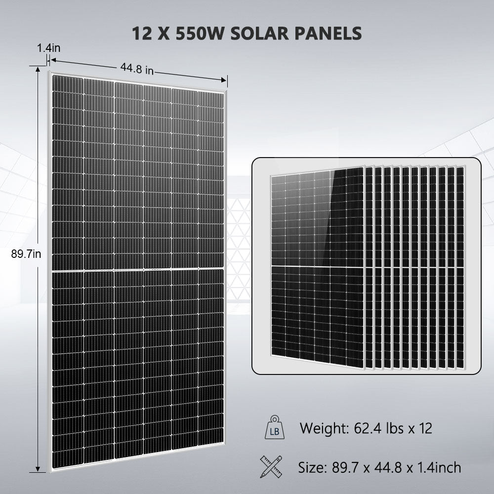 OFF GRID SOLAR KIT 12 X 550 WATTS SOLAR PANELS 25.6KWH LITHIUM BATTERY 10KW SOLAR INVERTER 48VDC 120V/240V SGR-10K25S - Energize Trek