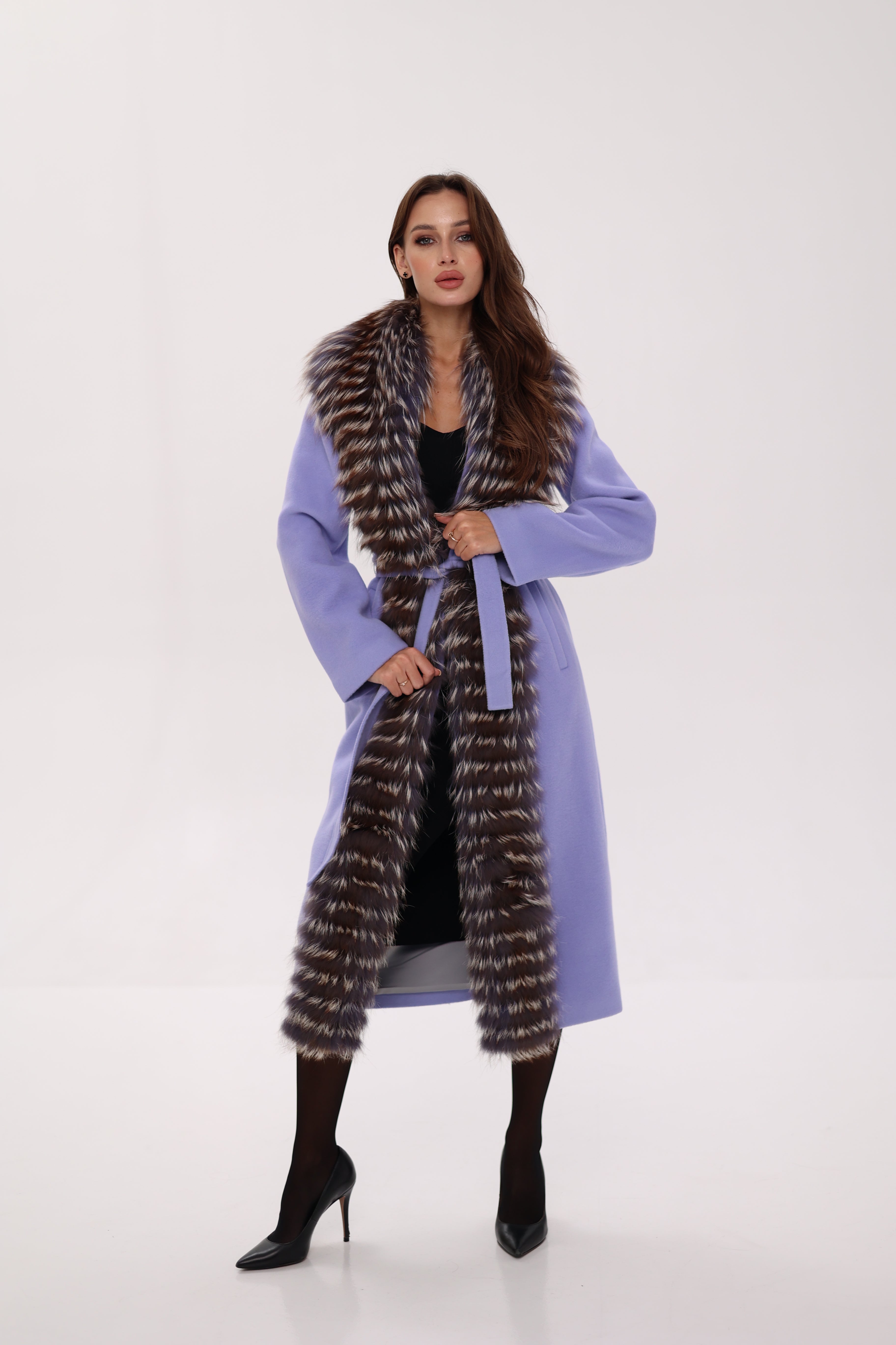Genuine Silver Fox Virgin Wool Wrap Coat in Lavender - Energize Trek