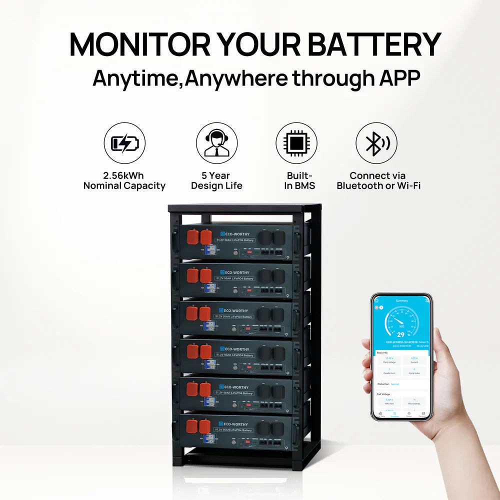 ECO-WORTHY 48V(51.2V) 50Ah Server Rack Battery,2.56kWh Lithium Battery,3U Size,With Bluetooth & Wifi - Energize Trek
