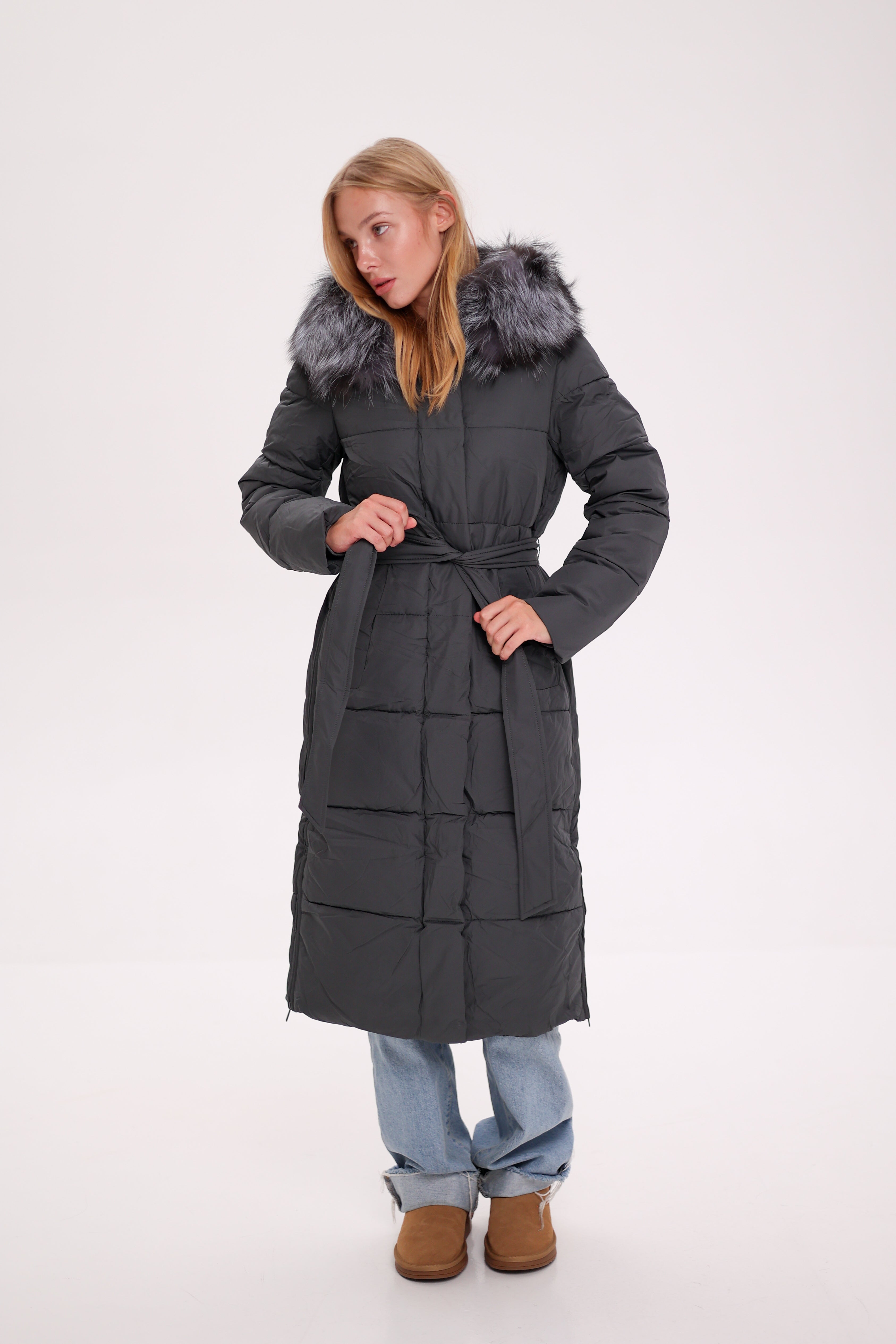 Genuine Silver Fox Belted Winter Insulated Coat - Energize Trek
