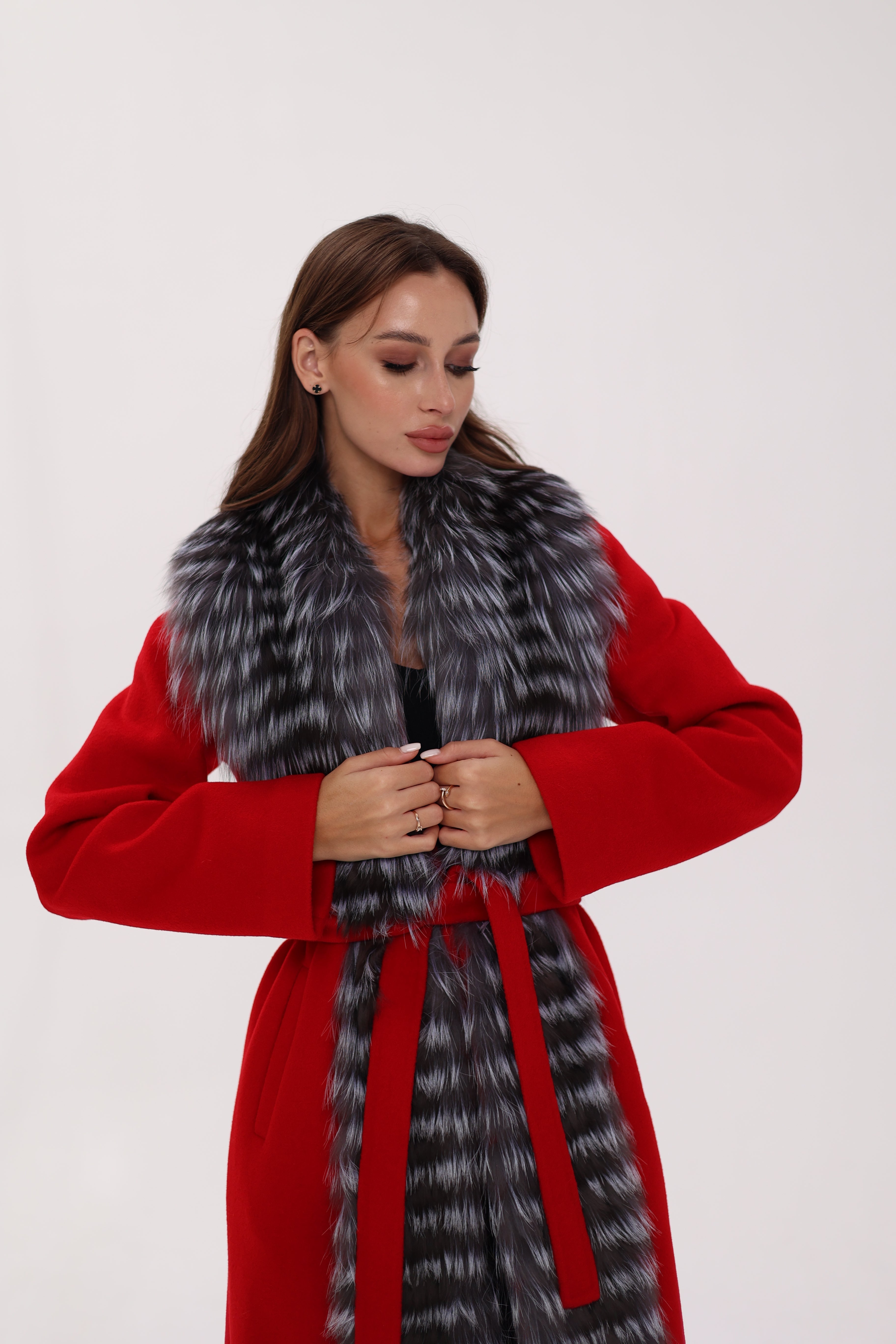 Genuine Silver Fox Virgin Wool Wrap Coat in Red - Energize Trek