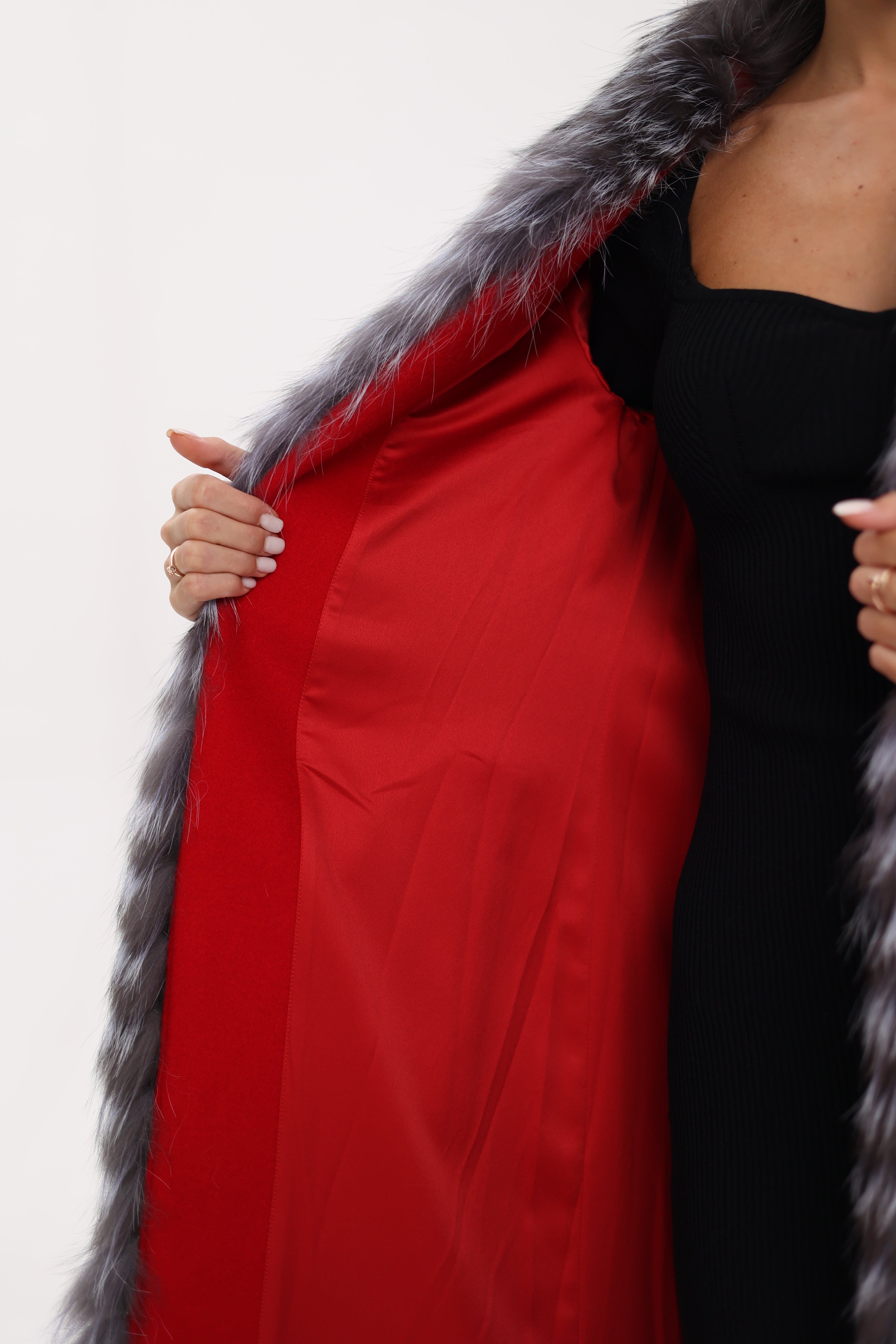 Genuine Silver Fox Virgin Wool Wrap Coat in Red - Energize Trek