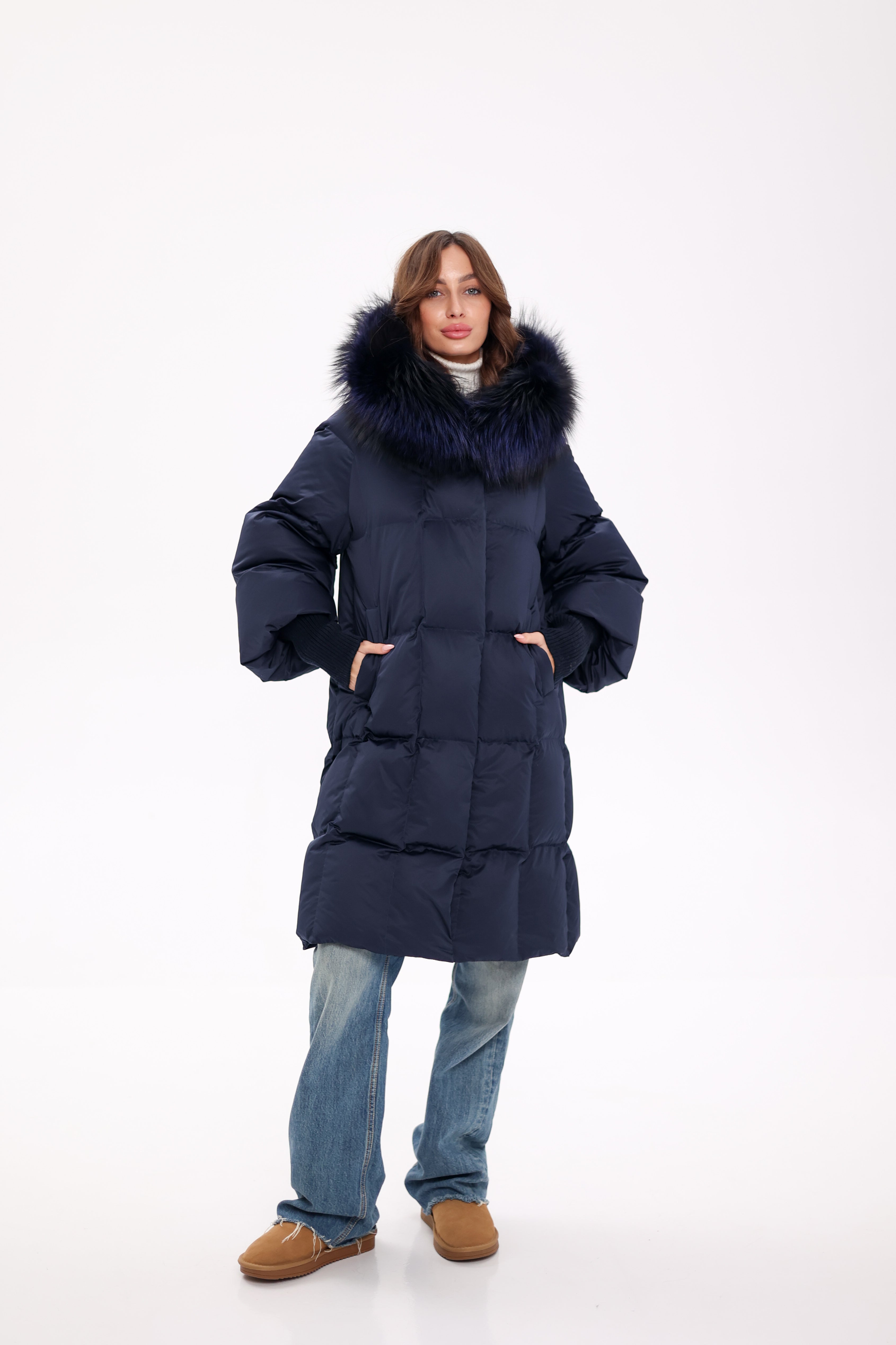 Genuine Fox Fur Trim Down Coat in Royal Blue - Energize Trek