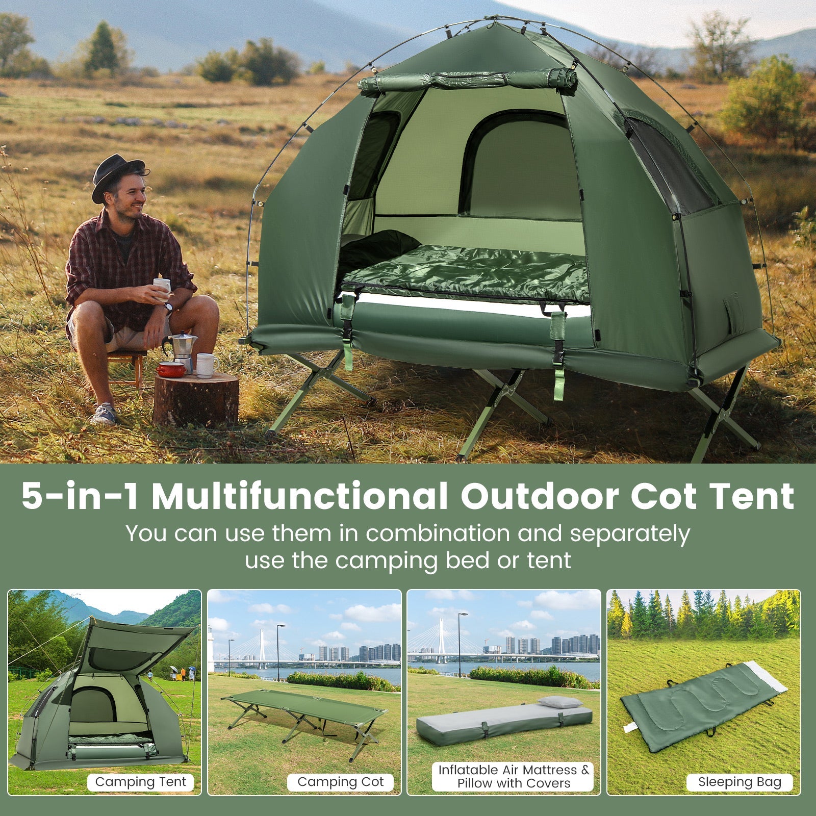 1-Person Folding Camping Tent with Sunshade and Air Mattress - Energize Trek