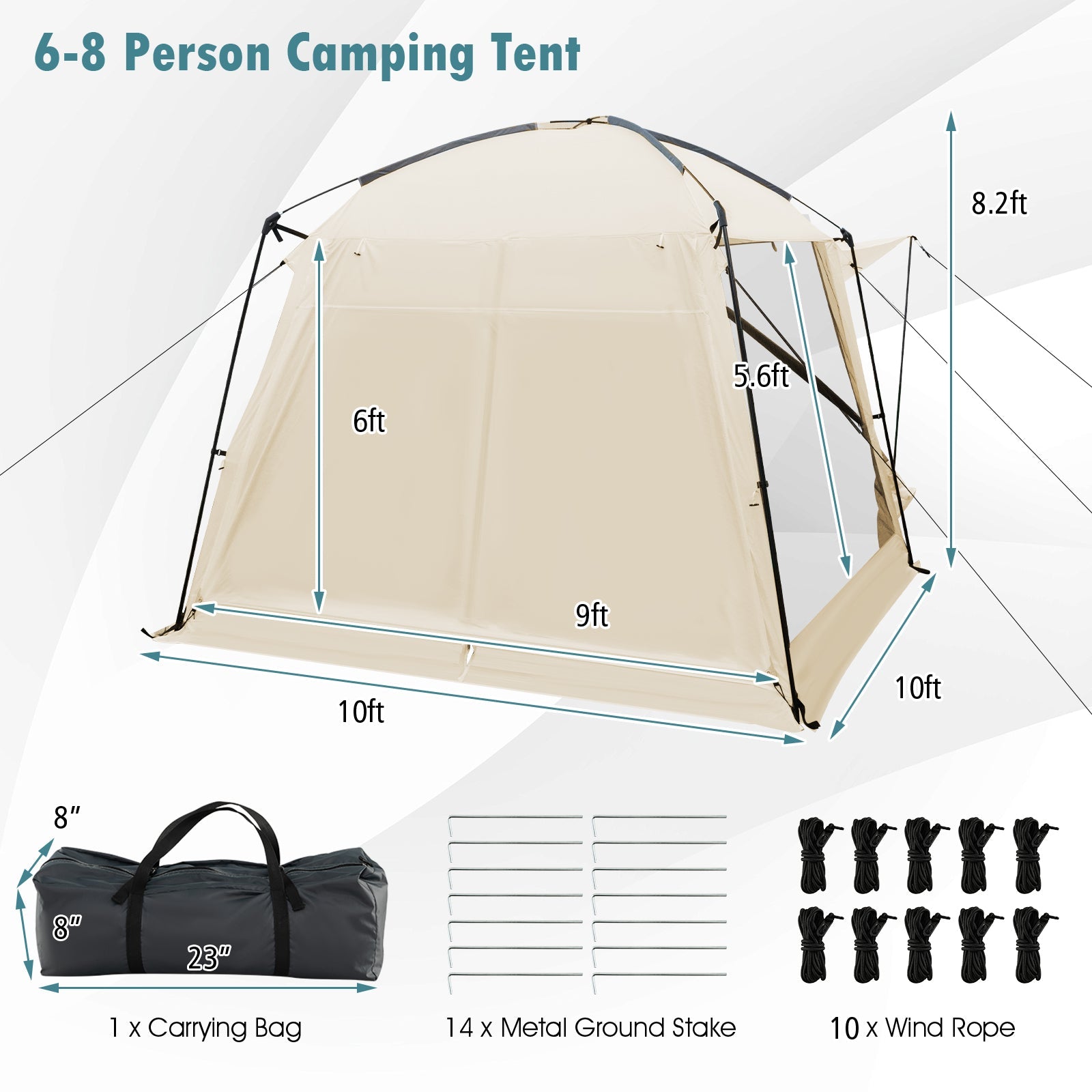 10 x 10 Feet Screened Canopy Tent w/ Vestibule and Zippered Door-Beige - Energize Trek