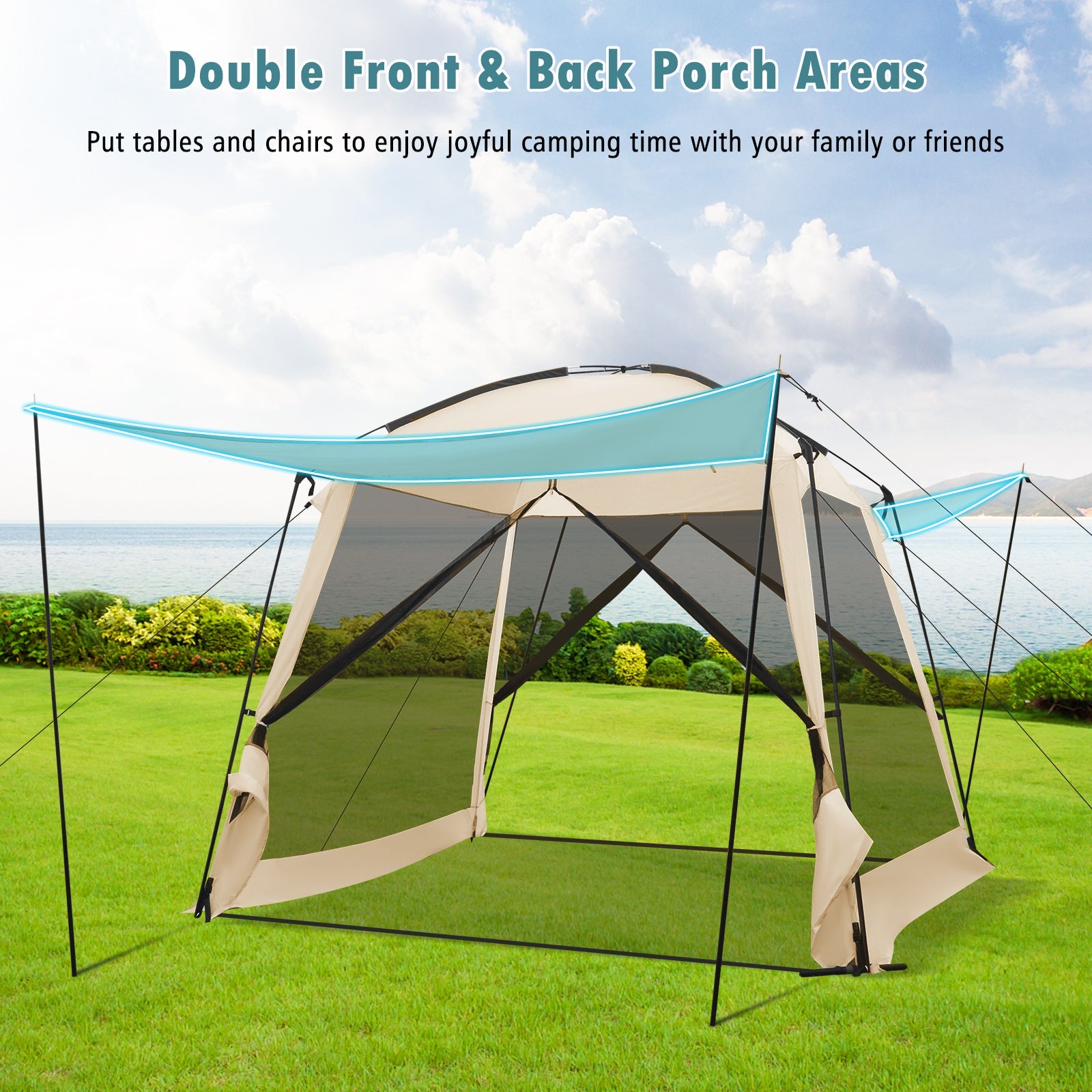 10 x 10 Feet Screened Canopy Tent w/ Vestibule and Zippered Door-Beige - Energize Trek