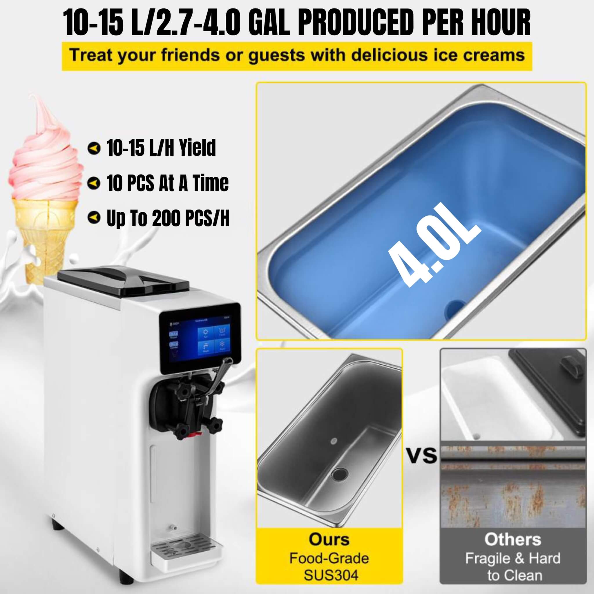 1000W Commercial Home Soft Serve Frozen Yogurt Ice Cream Maker Machine, 4.0L (SAK83425) - Energize Trek