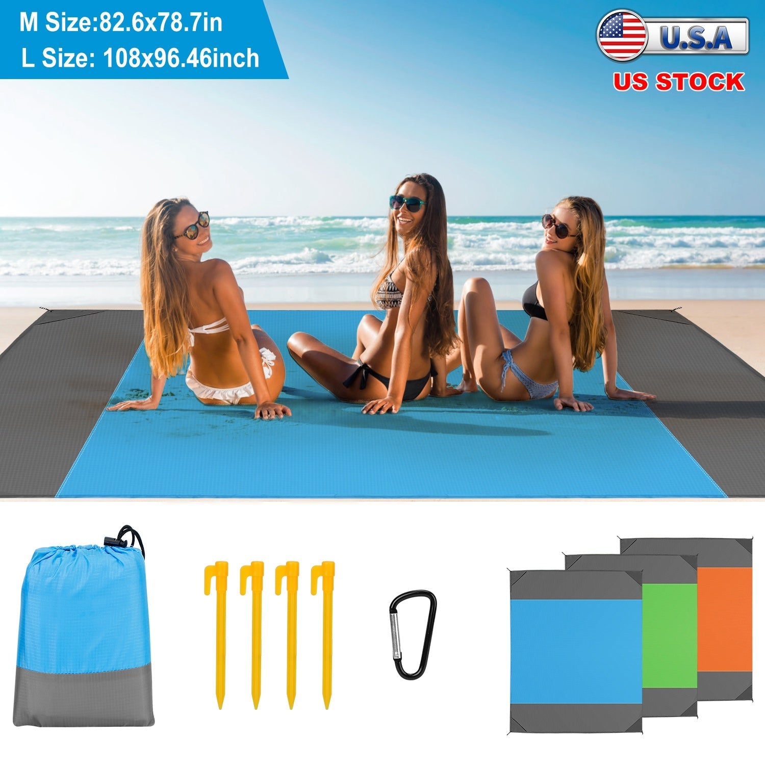 108x96.46in Sand Proof Picnic Blanket Water Resistant Foldable Camping Beach Mat w/ 4 Anchors 1 Carry Bag For 4-6 People - Energize Trek