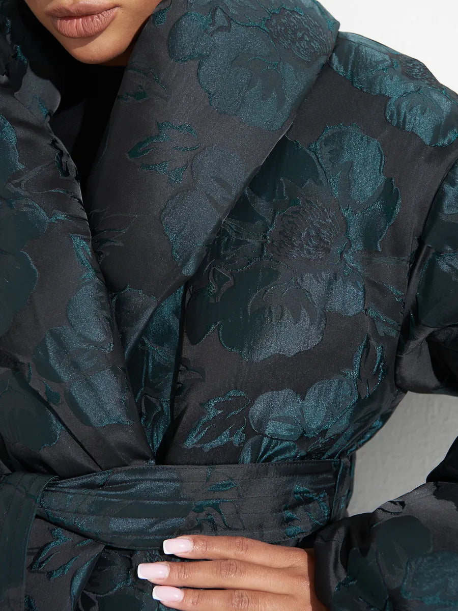 Monochrome Jacquard Down Coat in Vintage Emerald - Energize Trek
