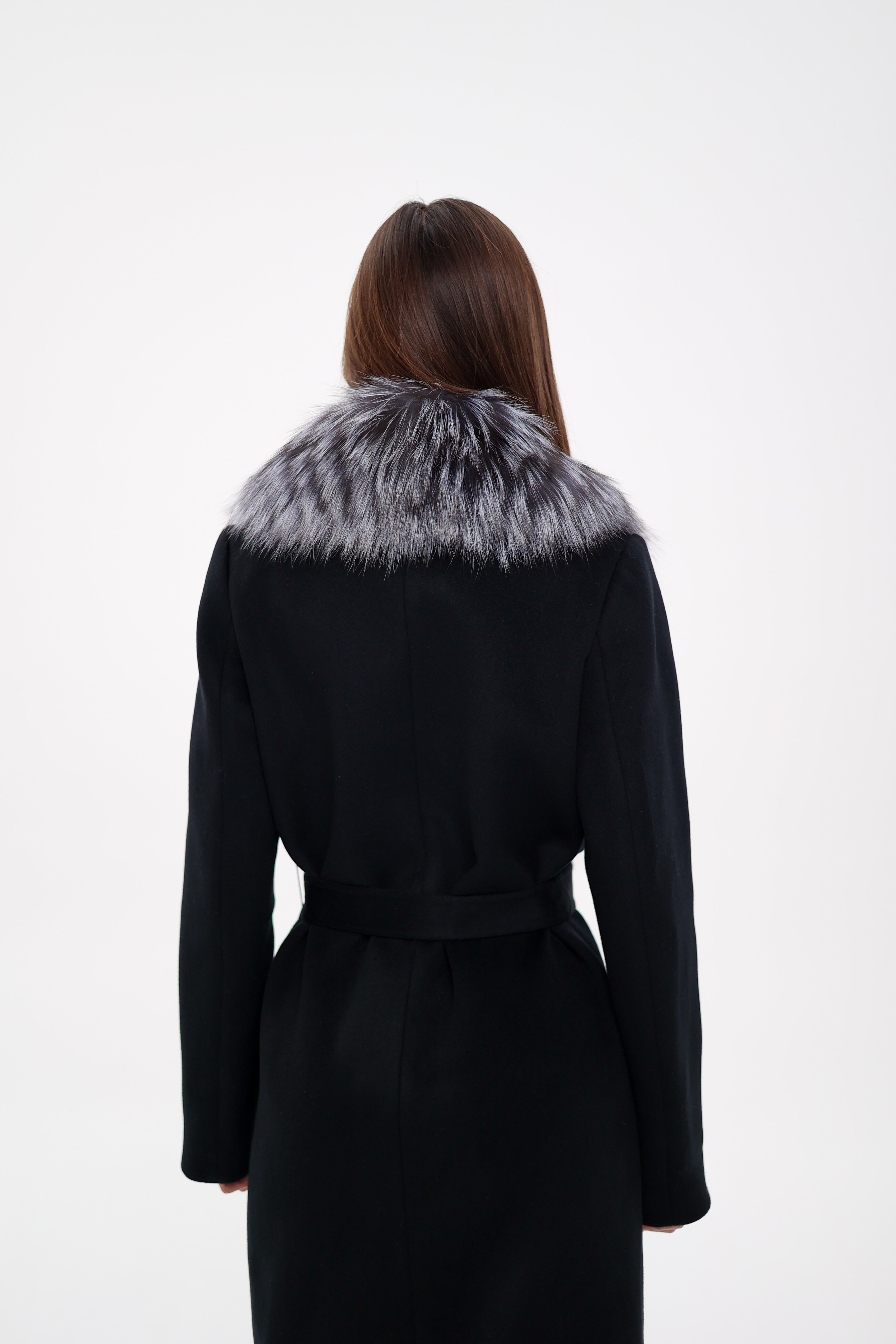 Genuine Silver Fox Virgin Wool Wrap Coat in Black - Energize Trek