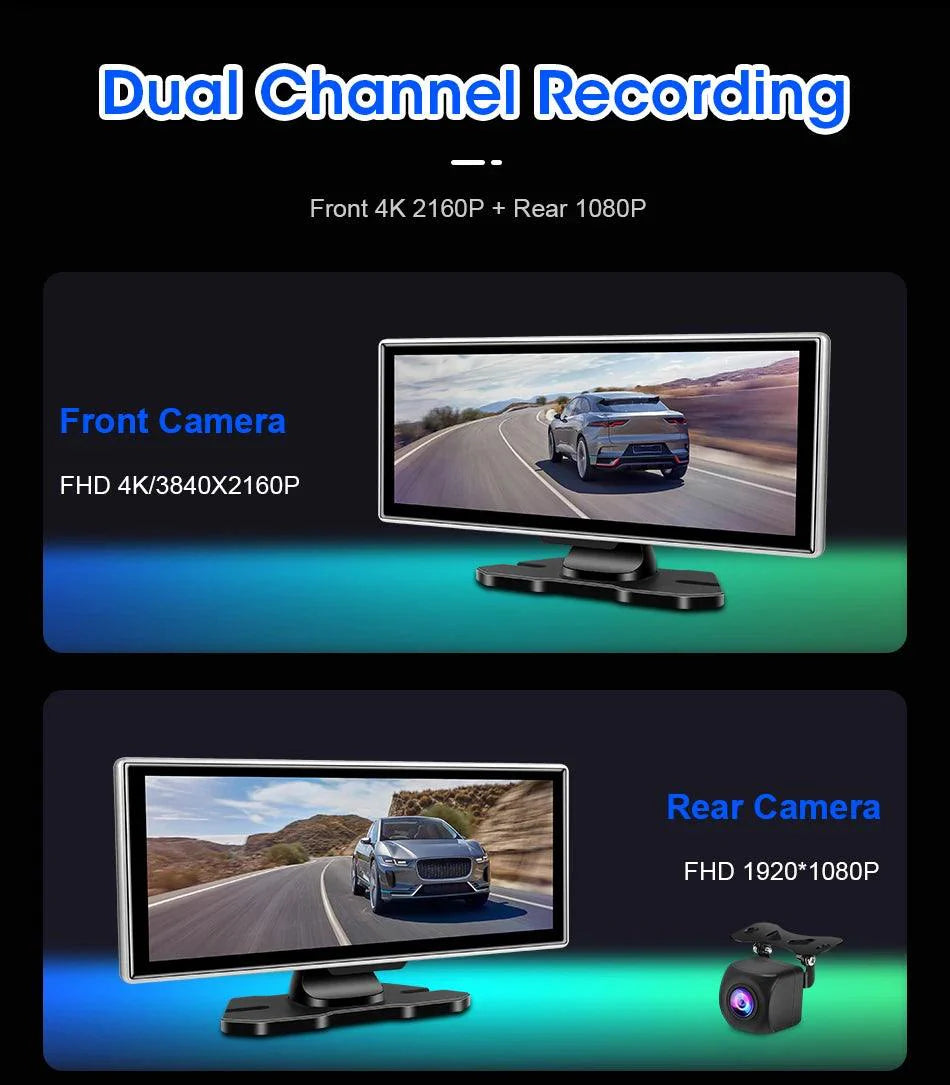 11.26 inch Car DVR 4K Dash Cam Dual Lens Wireless Carplay & Android Auto Video Recorder Monitor GPS Navigation 5G Wifi FM AUX - Energize Trek