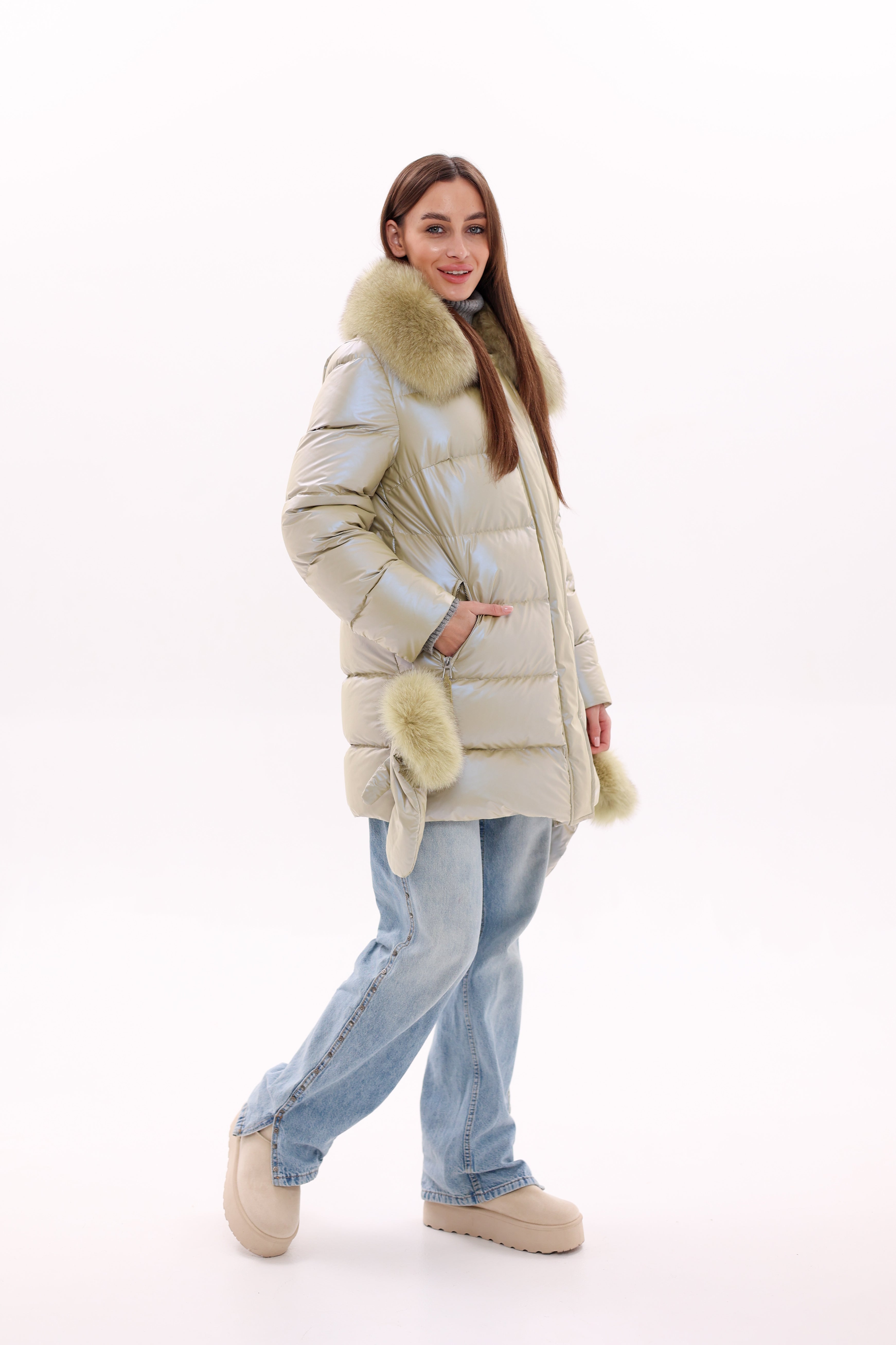 Genuine Fox Fur Down Coat with Fur Trim Mittens - Energize Trek