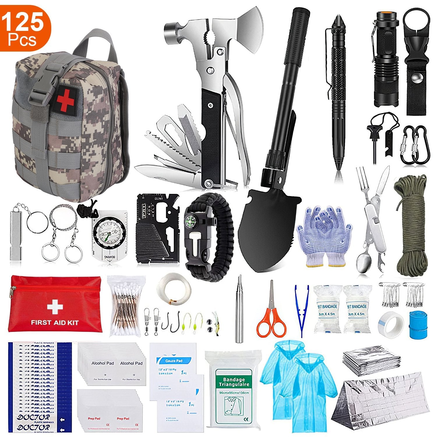 125Pcs Survival Kits Professional Emergency Survival Gear Tactical First Aid Kit Supplies for Outdoor Adventure Camping Hiking Hunting - Energize Trek