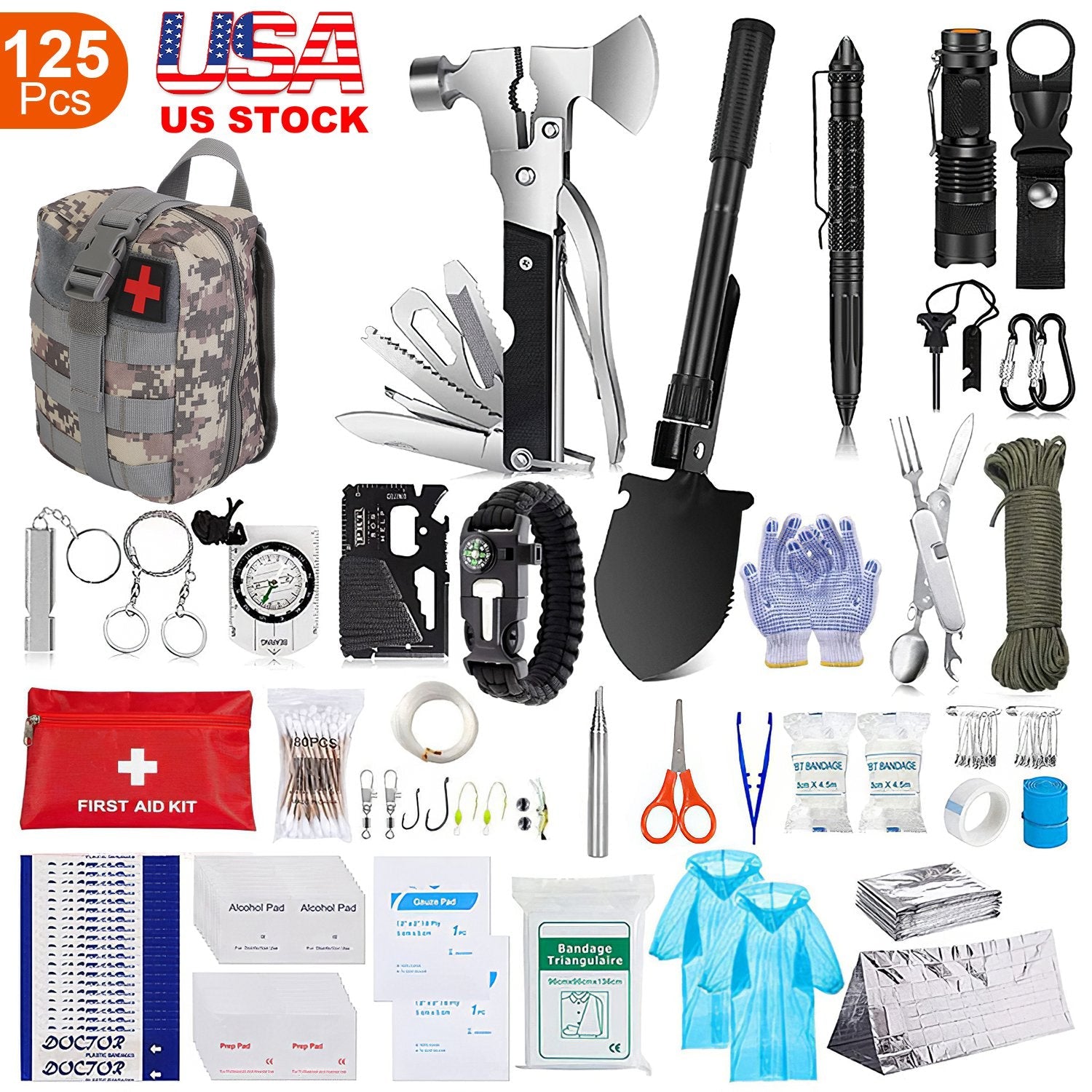 125Pcs Survival Kits Professional Emergency Survival Gear Tactical First Aid Kit Supplies for Outdoor Adventure Camping Hiking Hunting - Energize Trek