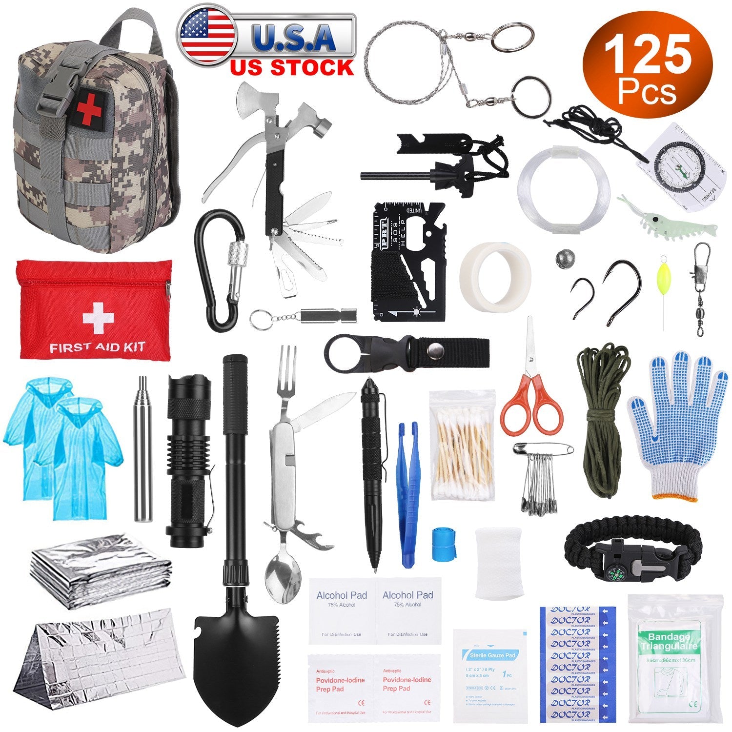 125Pcs Survival Kits Professional Emergency Survival Gear Tactical First Aid Kit Supplies for Outdoor Adventure Camping Hiking Hunting - Energize Trek
