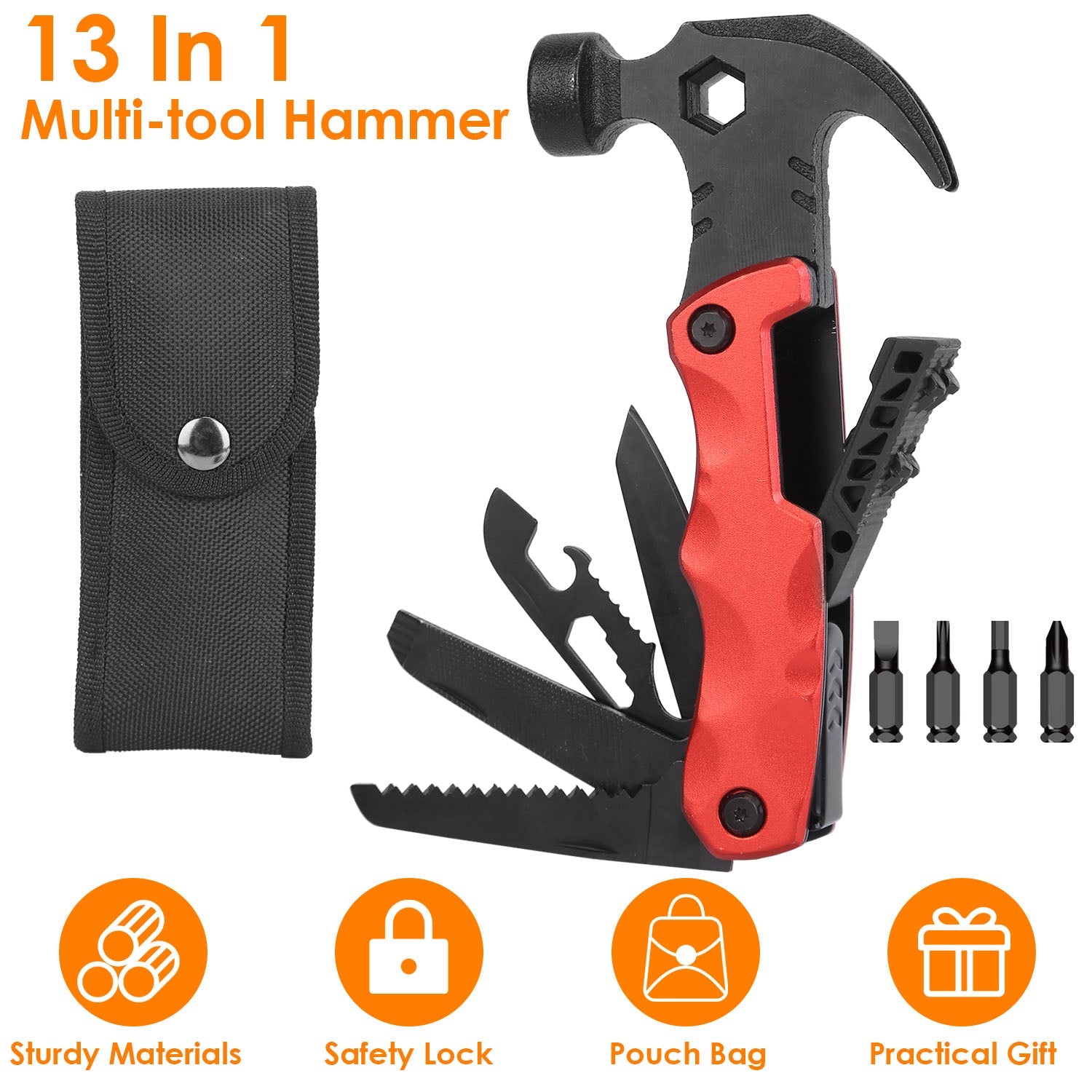 13 In 1 Multi-tool Hammer Outdoor Camping Survival Tools with Pouch Bag Safety Lock Nail Puller Knife Can Opener Saw Screw Depositor Screwdriver - Energize Trek