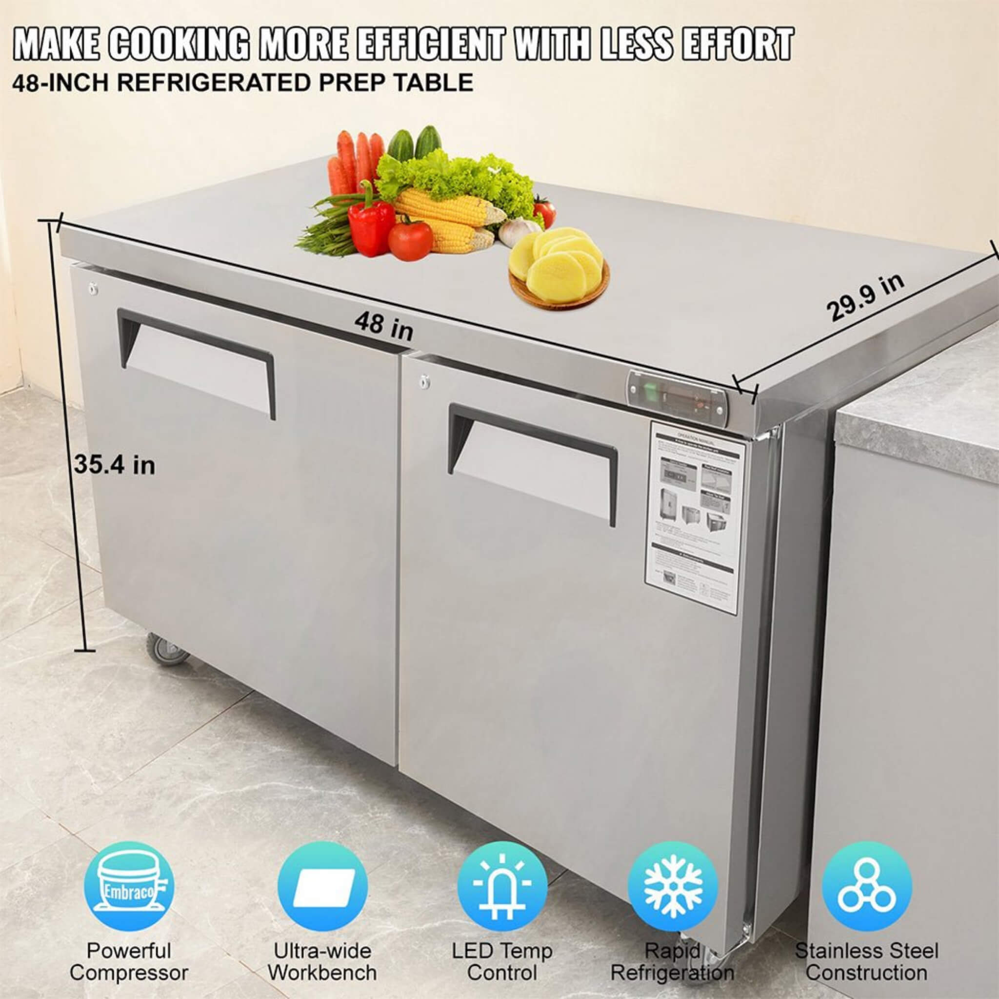 12.9 Cu.Ft 2-Door Commercial Stainless Steel Worktop Undercounter Refrigerator, 48" (SAK13725) - Energize Trek