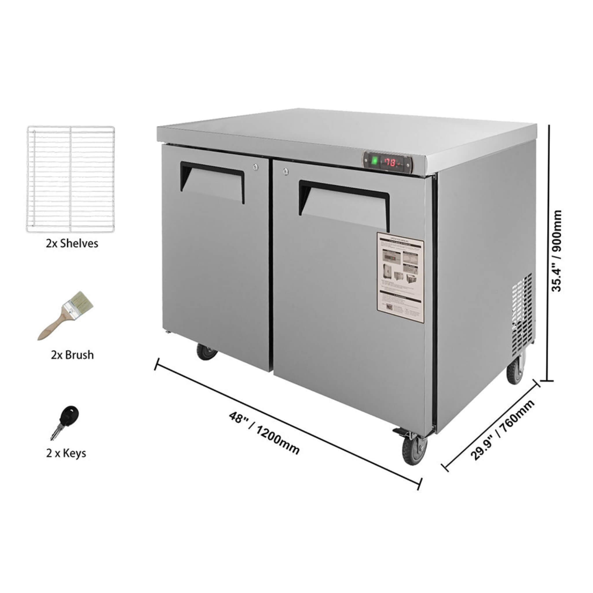 12.9 Cu.Ft 2-Door Commercial Stainless Steel Worktop Undercounter Refrigerator, 48" (SAK13725) - Energize Trek