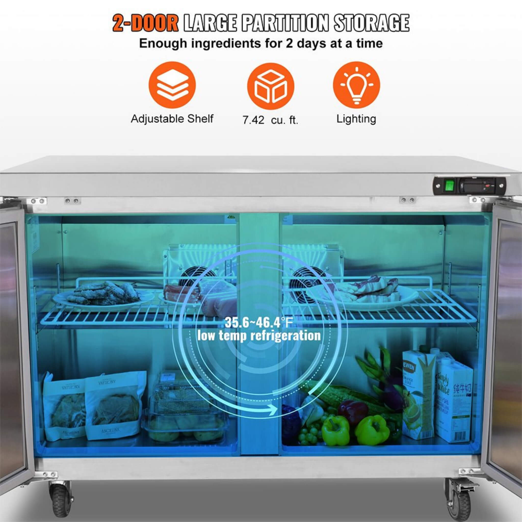 12.9 Cu.Ft 2-Door Commercial Stainless Steel Worktop Undercounter Refrigerator, 48" (SAK13725) - Energize Trek