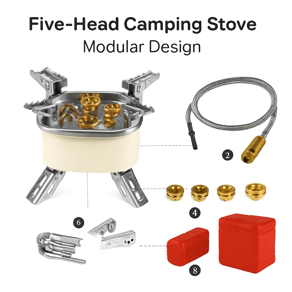 13000W Portable Windproof Camping Stove Five-head Gas Cooking Burner with Piezo Ignition Stepless Flame Control Fit For ISO-butane, Propane, Butane Fu - Energize Trek