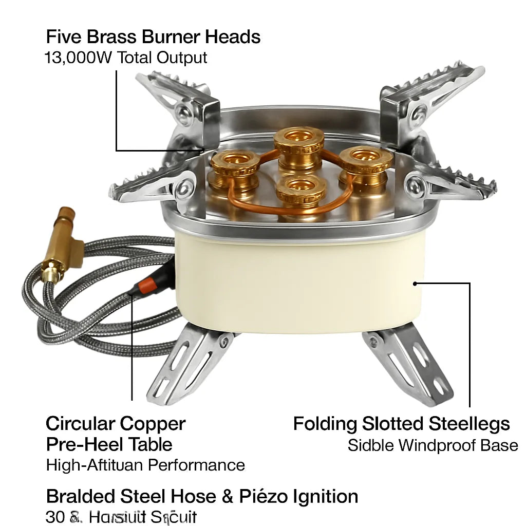 13000W Portable Windproof Camping Stove Five-head Gas Cooking Burner with Piezo Ignition Stepless Flame Control Fit For ISO-butane, Propane, Butane Fu - Energize Trek