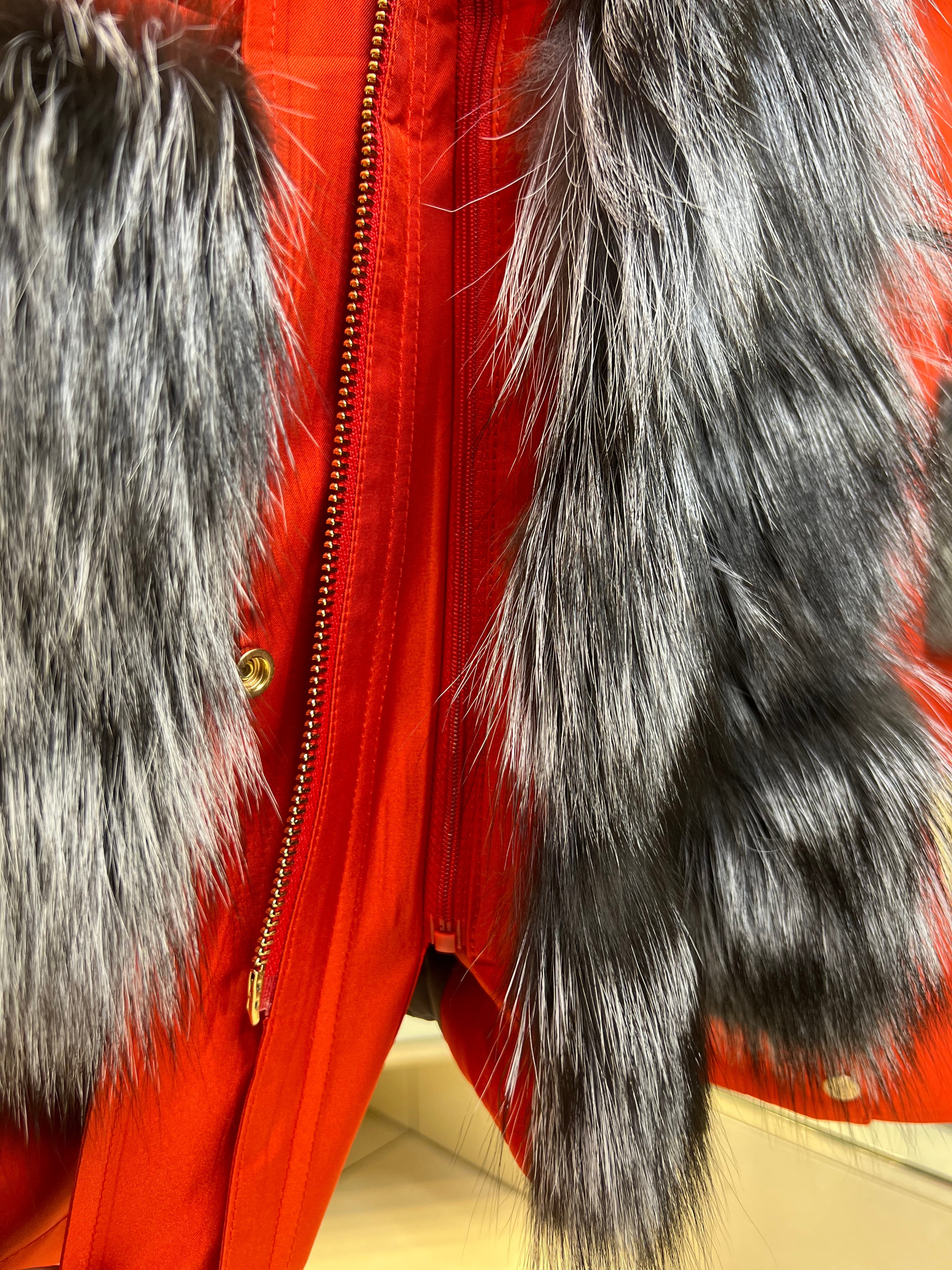 Roma Genuine Silver Fox Fur Rabbit Fur Insulated Parka in Red - Energize Trek