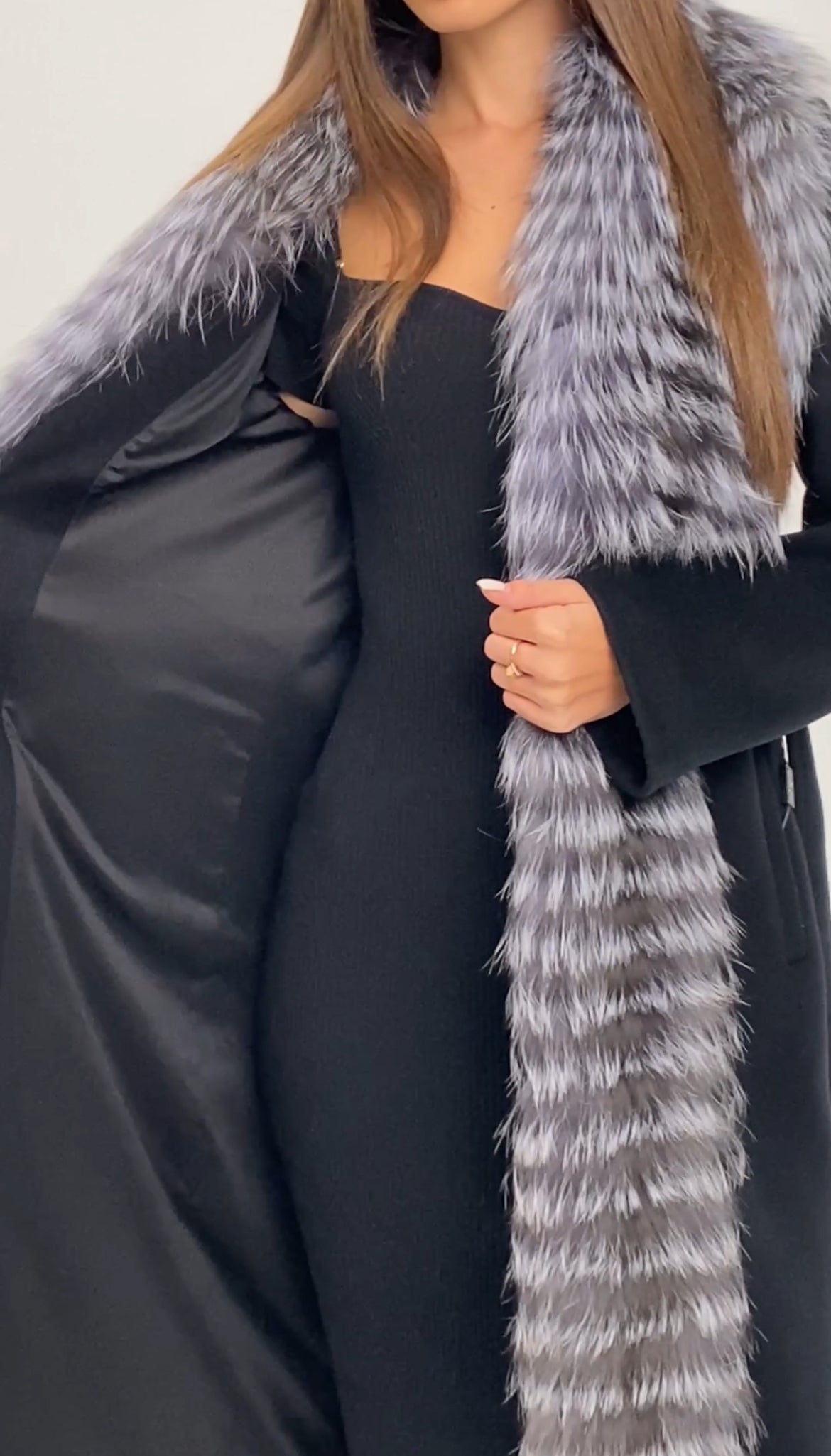 Genuine Silver Fox Virgin Wool Wrap Coat in Black - Energize Trek