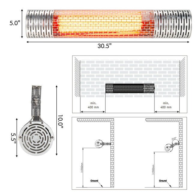 1500W Electric Indoor/Outdoor Waterproof Infrared Patio Heater W/ 2 Power Settings (91826957) - Energize Trek