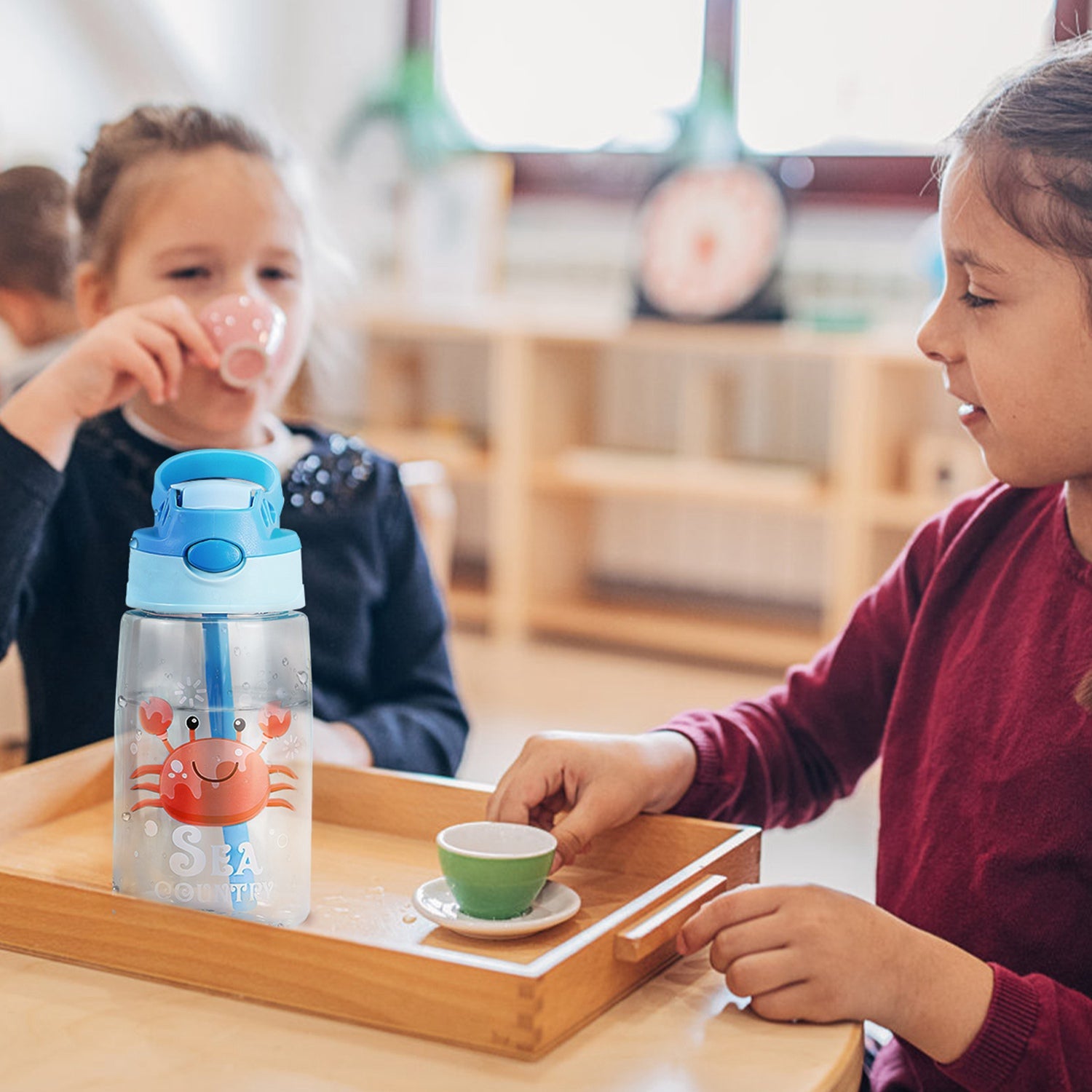 16.2Oz Leak-proof Kids Water Bottle with Straw Push Button Sport Water Bottle for Kids Crab Ship Jellyfish Rocket - Energize Trek