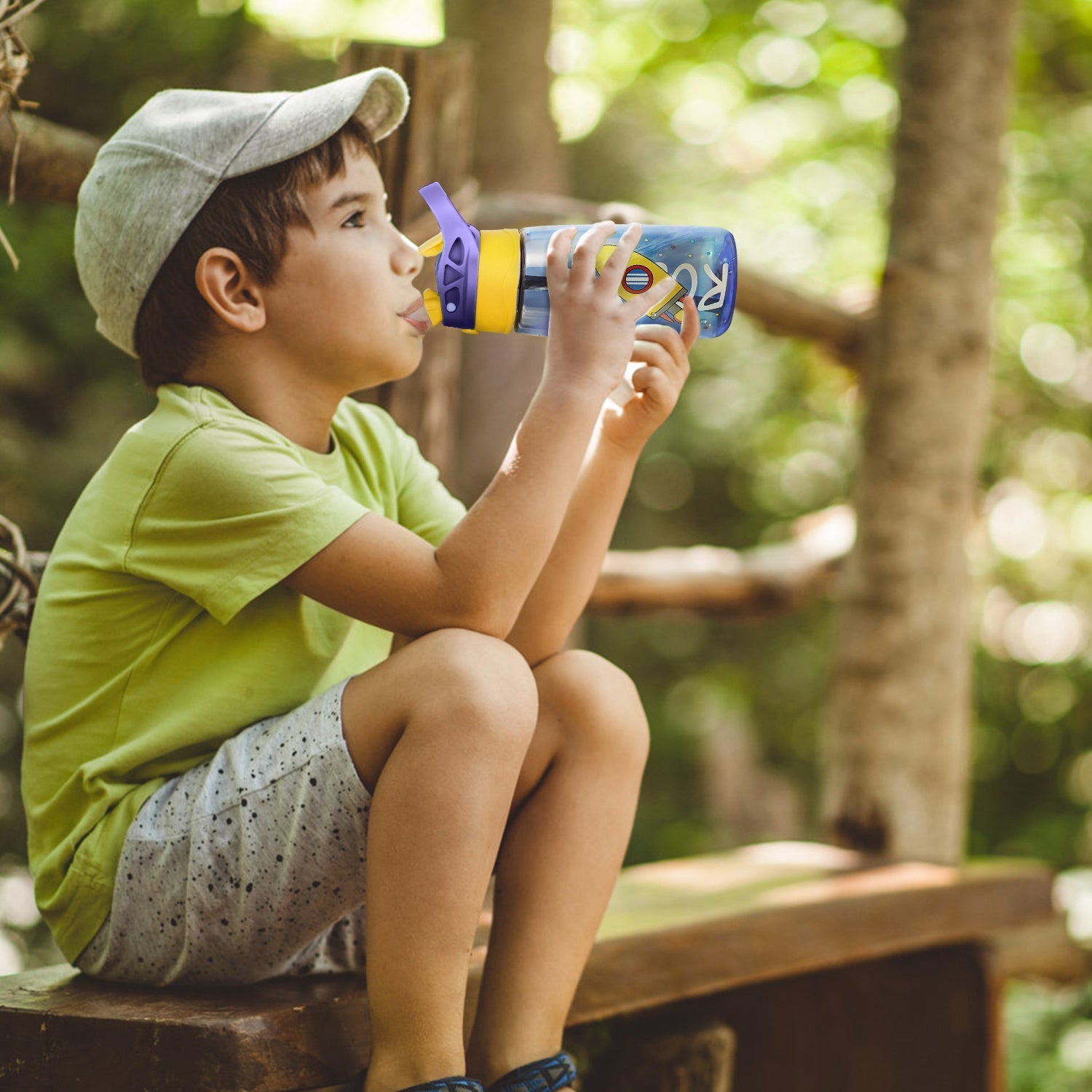 16.2Oz Leak-proof Kids Water Bottle with Straw Push Button Sport Water Bottle for Kids Crab Ship Jellyfish Rocket - Energize Trek