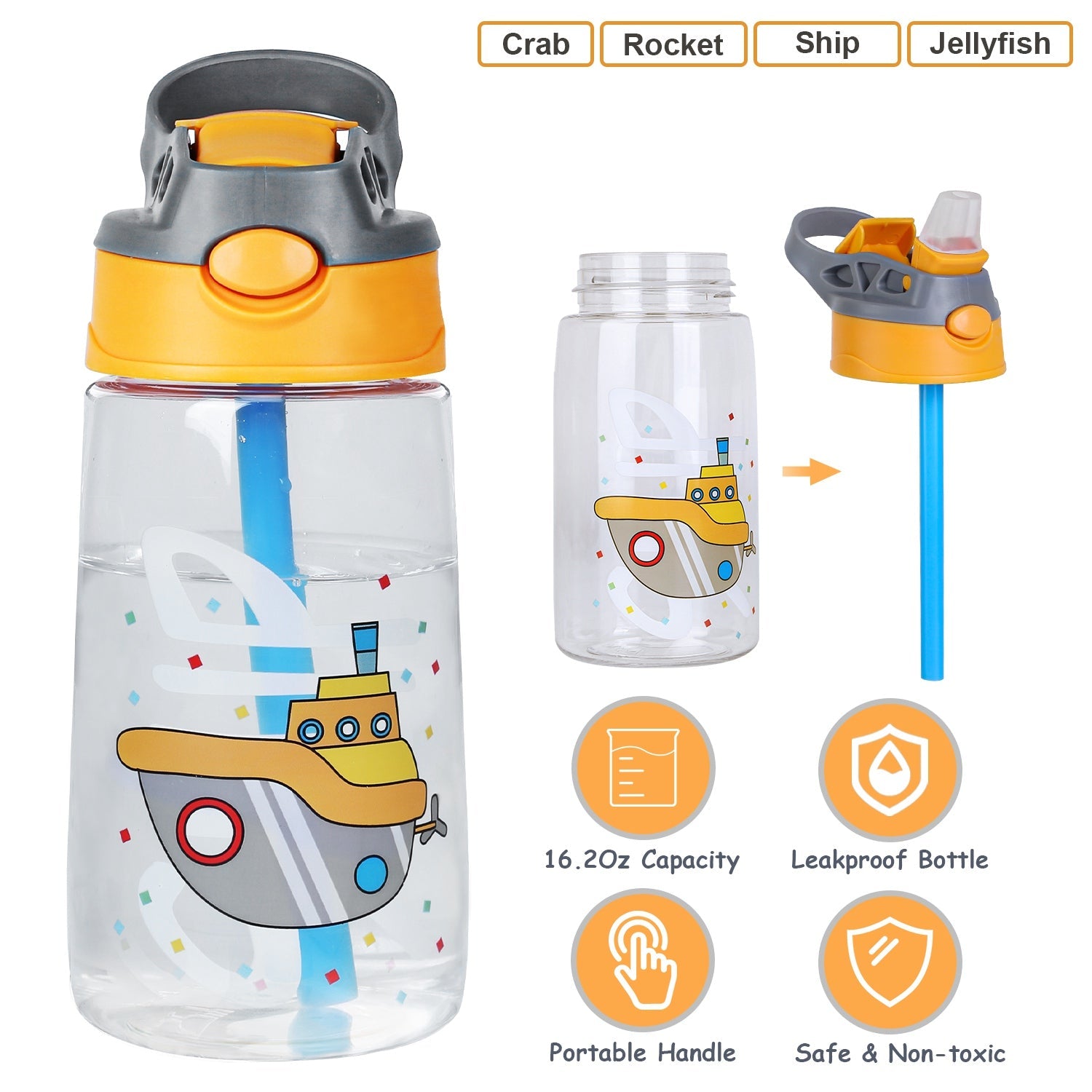 16.2Oz Leak-proof Kids Water Bottle with Straw Push Button Sport Water Bottle for Kids Crab Ship Jellyfish Rocket - Energize Trek