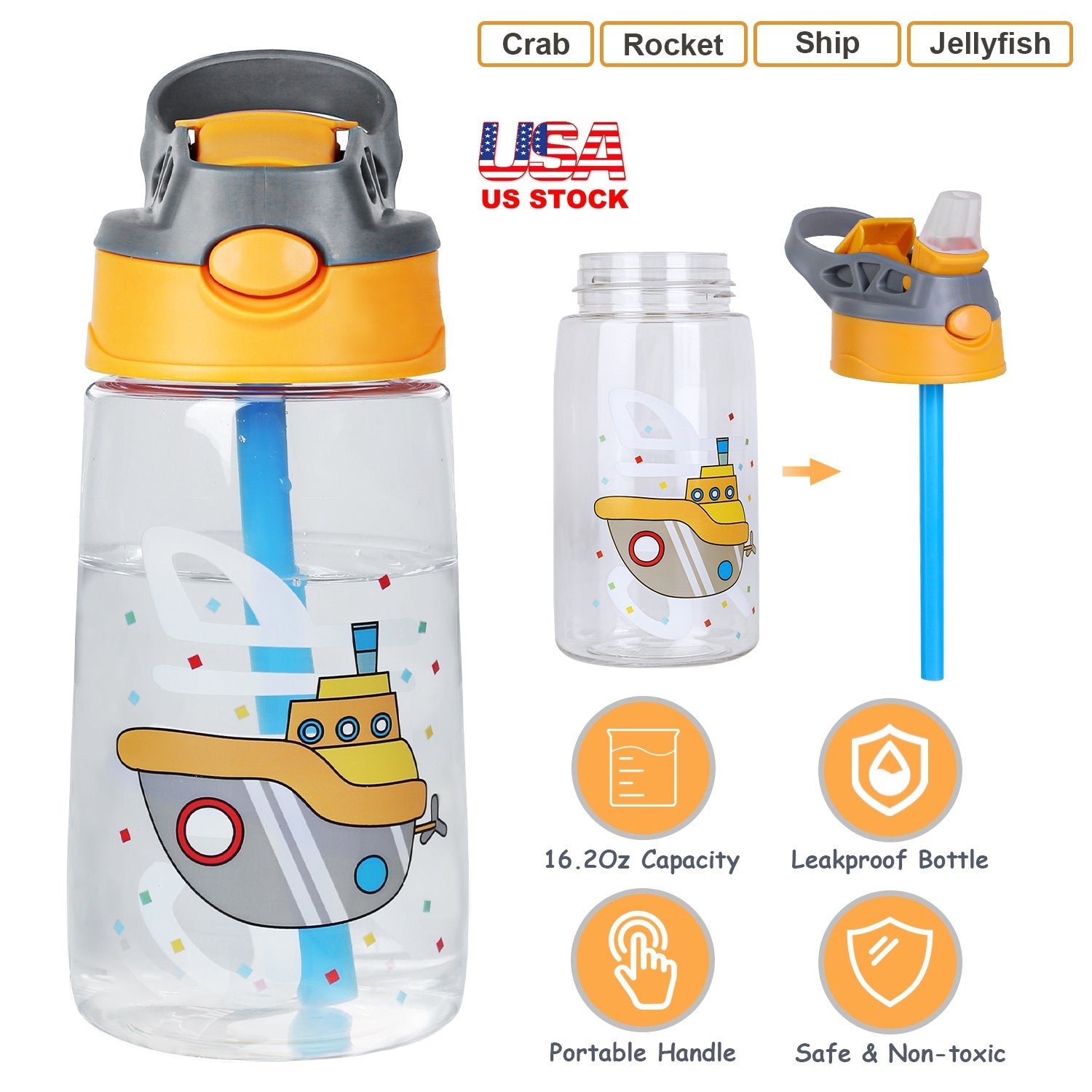 16.2Oz Leak-proof Kids Water Bottle with Straw Push Button Sport Water Bottle for Kids Crab Ship Jellyfish Rocket - Energize Trek