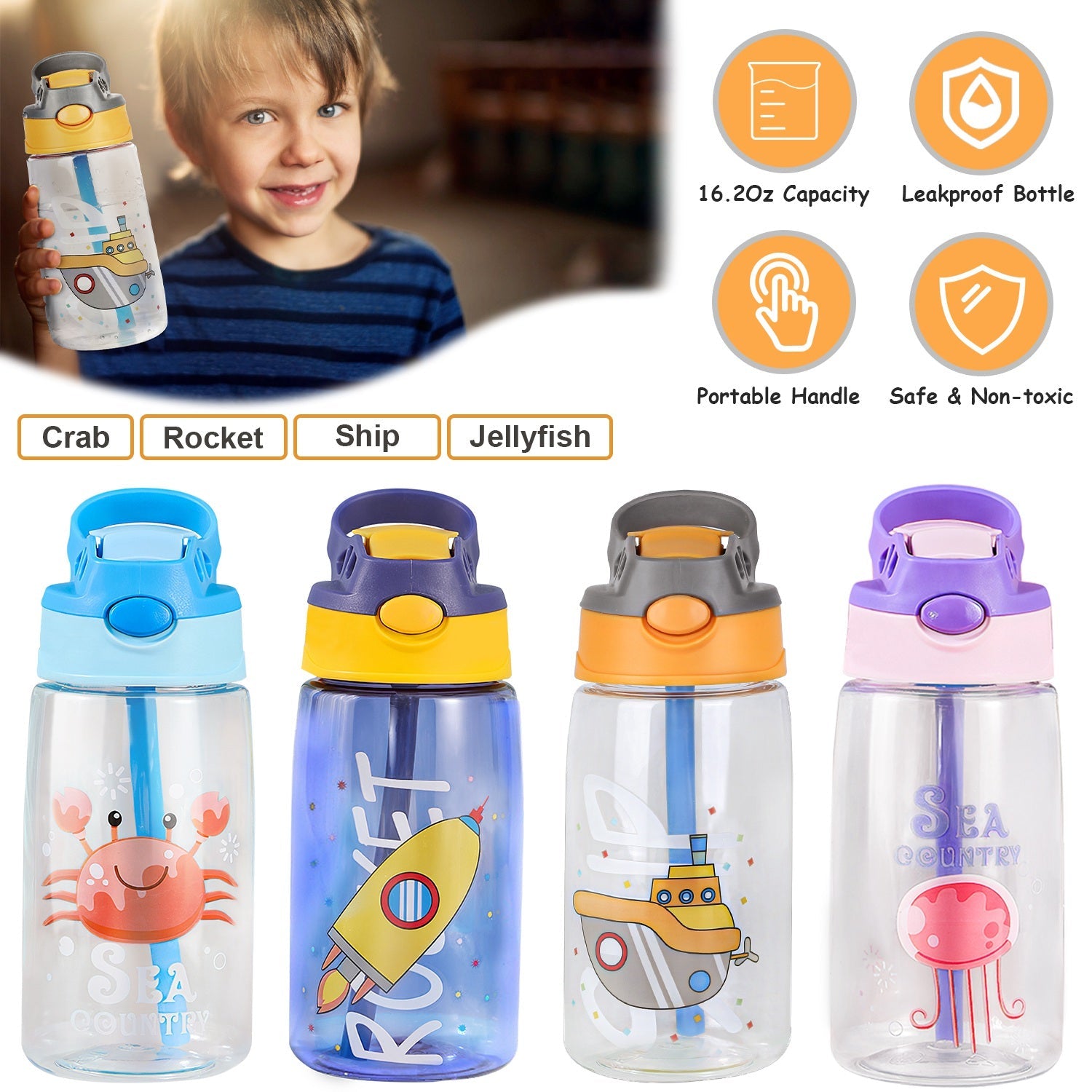 16.2Oz Leak-proof Kids Water Bottle with Straw Push Button Sport Water Bottle for Kids Crab Ship Jellyfish Rocket - Energize Trek