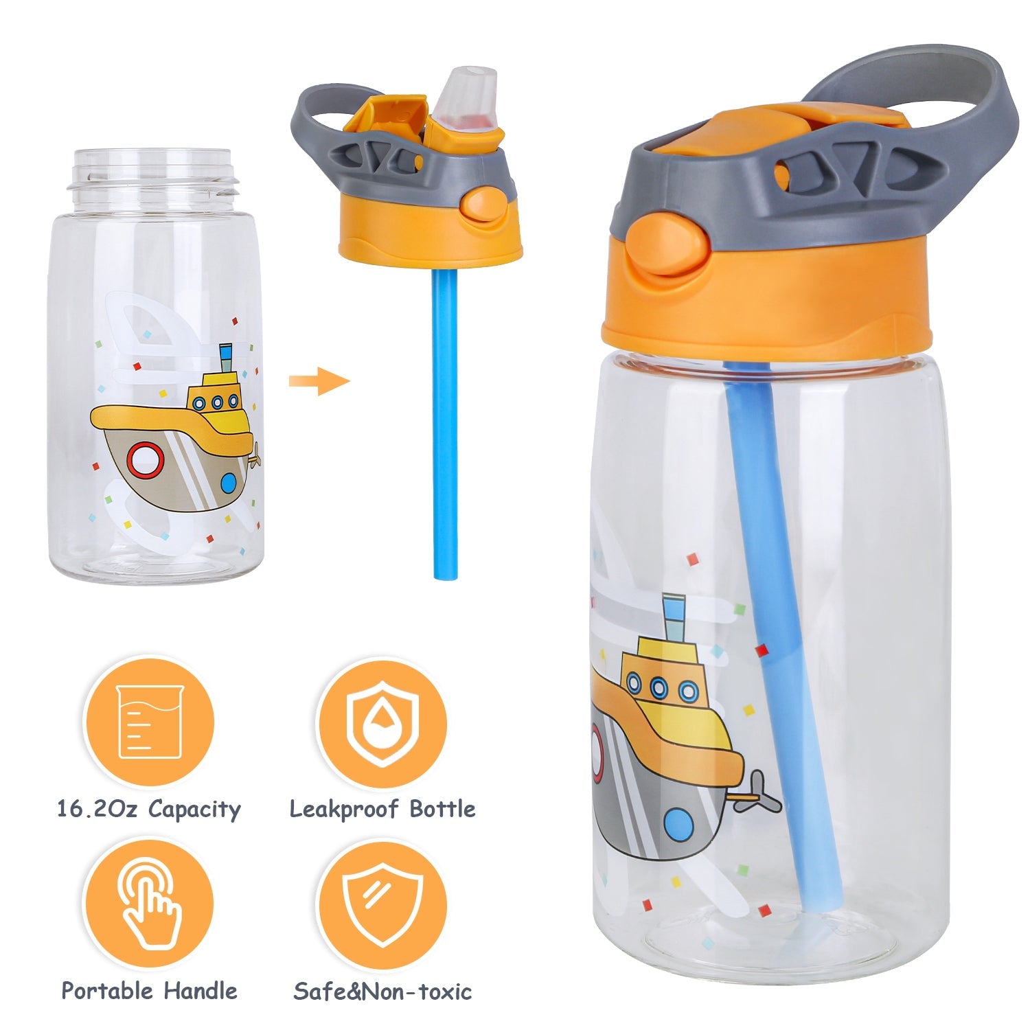 16.2Oz Leak-proof Kids Water Bottle with Straw Push Button Sport Water Bottle for Kids Crab Ship Jellyfish Rocket - Energize Trek