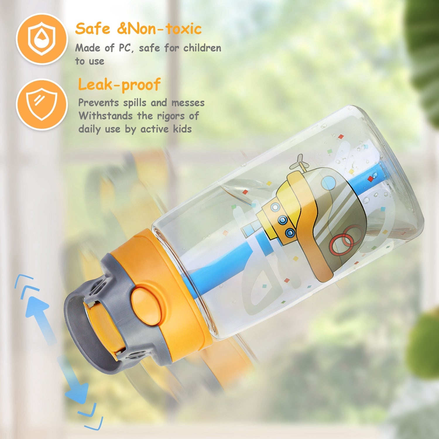 16.2Oz Leak-proof Kids Water Bottle with Straw Push Button Sport Water Bottle for Kids Crab Ship Jellyfish Rocket - Energize Trek