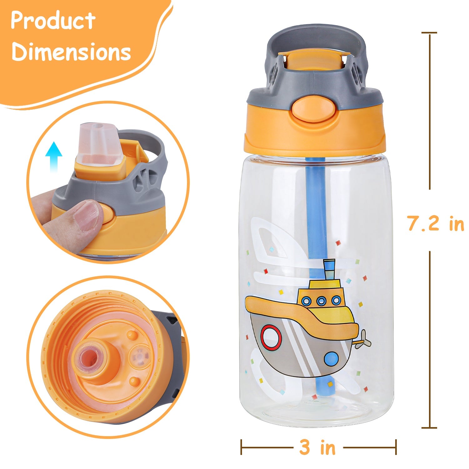 16.2Oz Leak-proof Kids Water Bottle with Straw Push Button Sport Water Bottle for Kids Crab Ship Jellyfish Rocket - Energize Trek