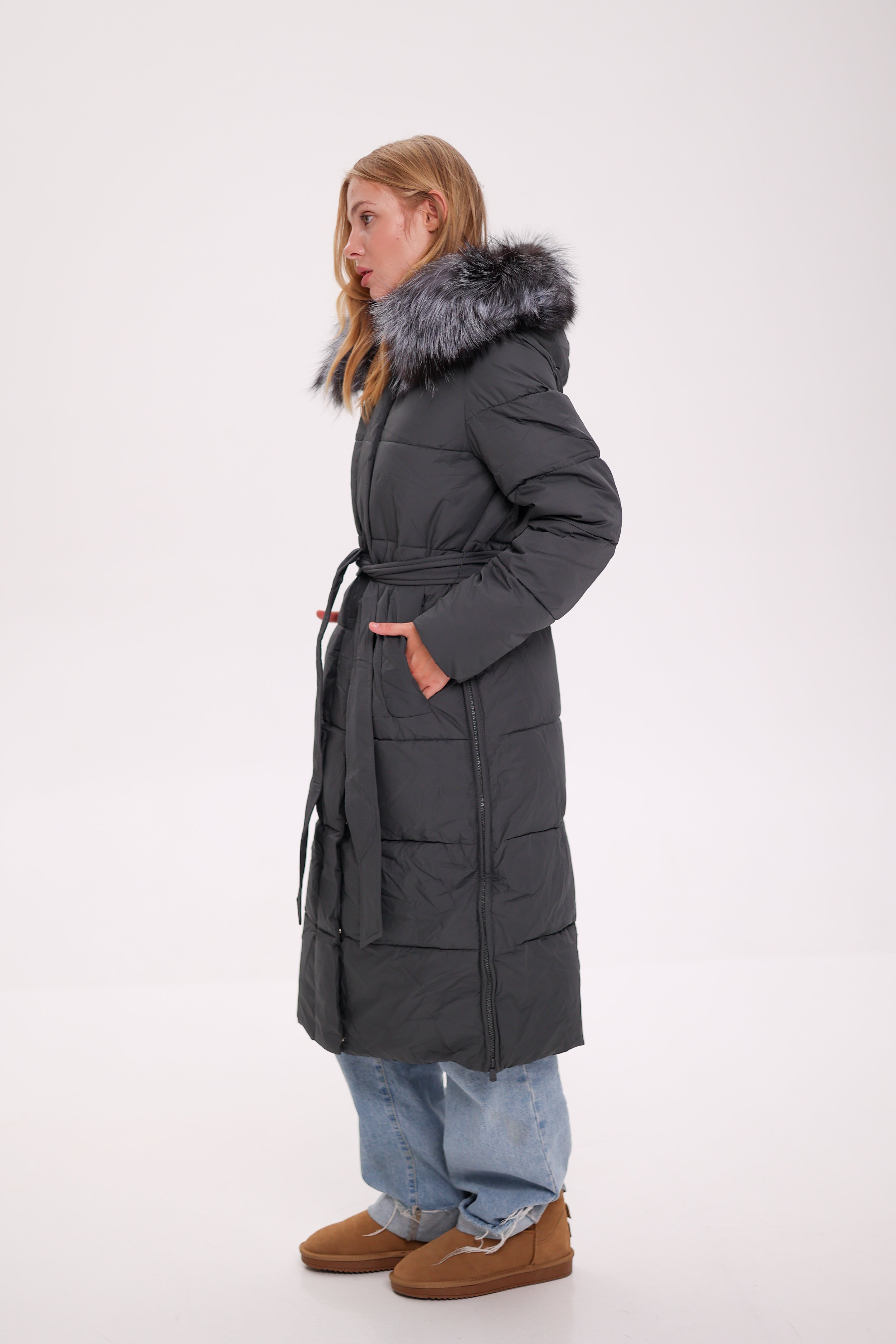 Genuine Silver Fox Belted Winter Insulated Coat - Energize Trek
