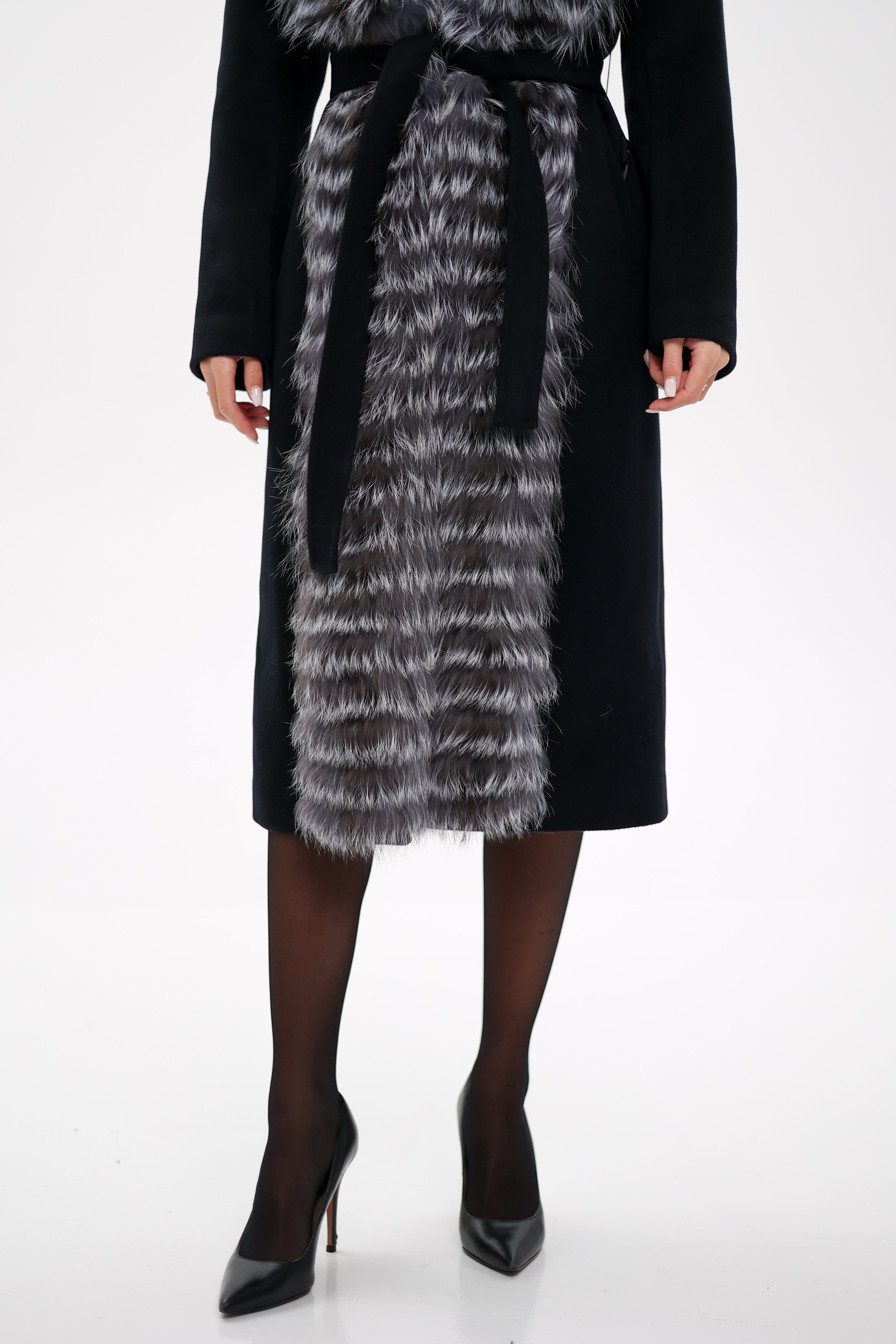 Genuine Silver Fox Virgin Wool Wrap Coat in Black - Energize Trek