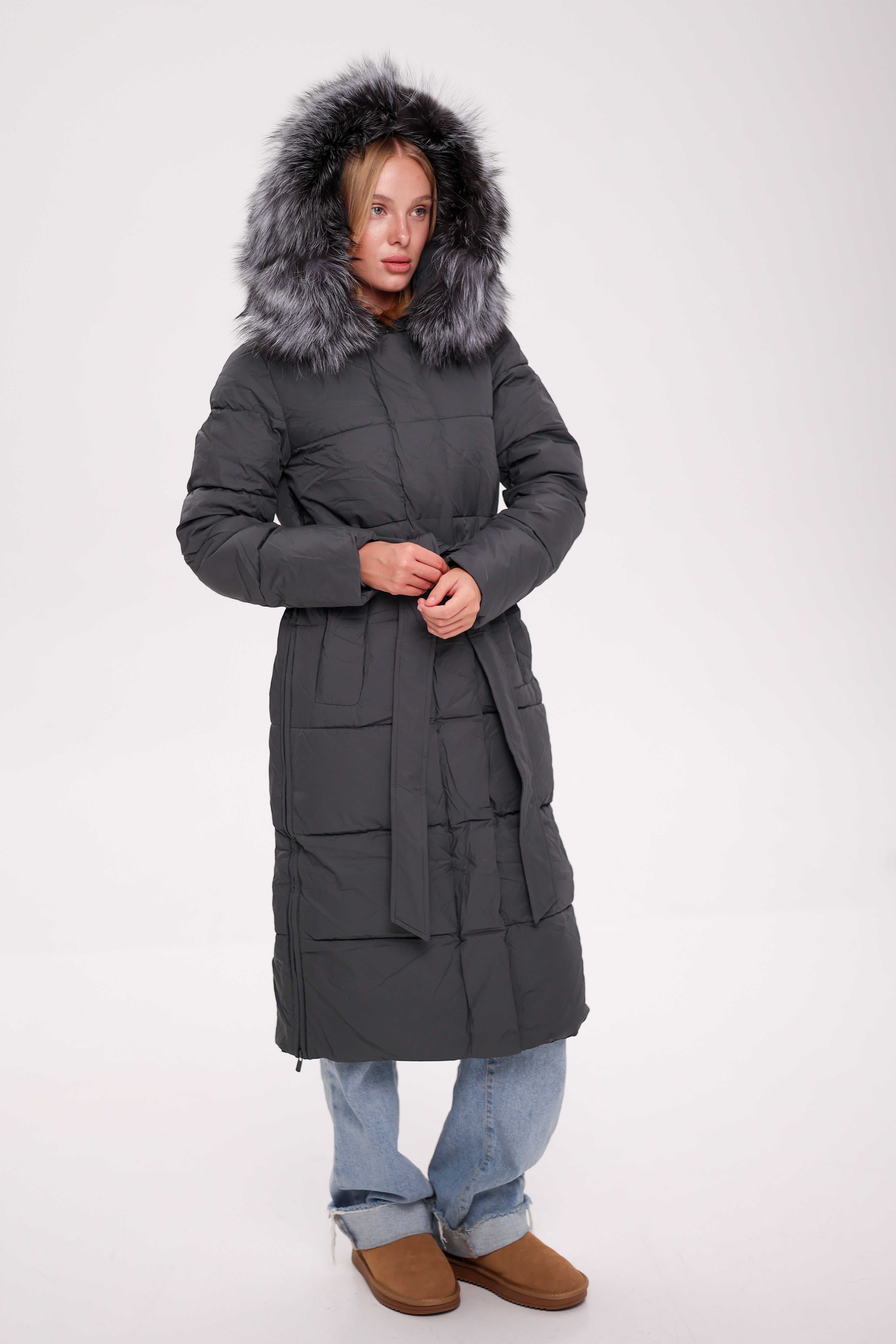 Genuine Silver Fox Belted Winter Insulated Coat - Energize Trek