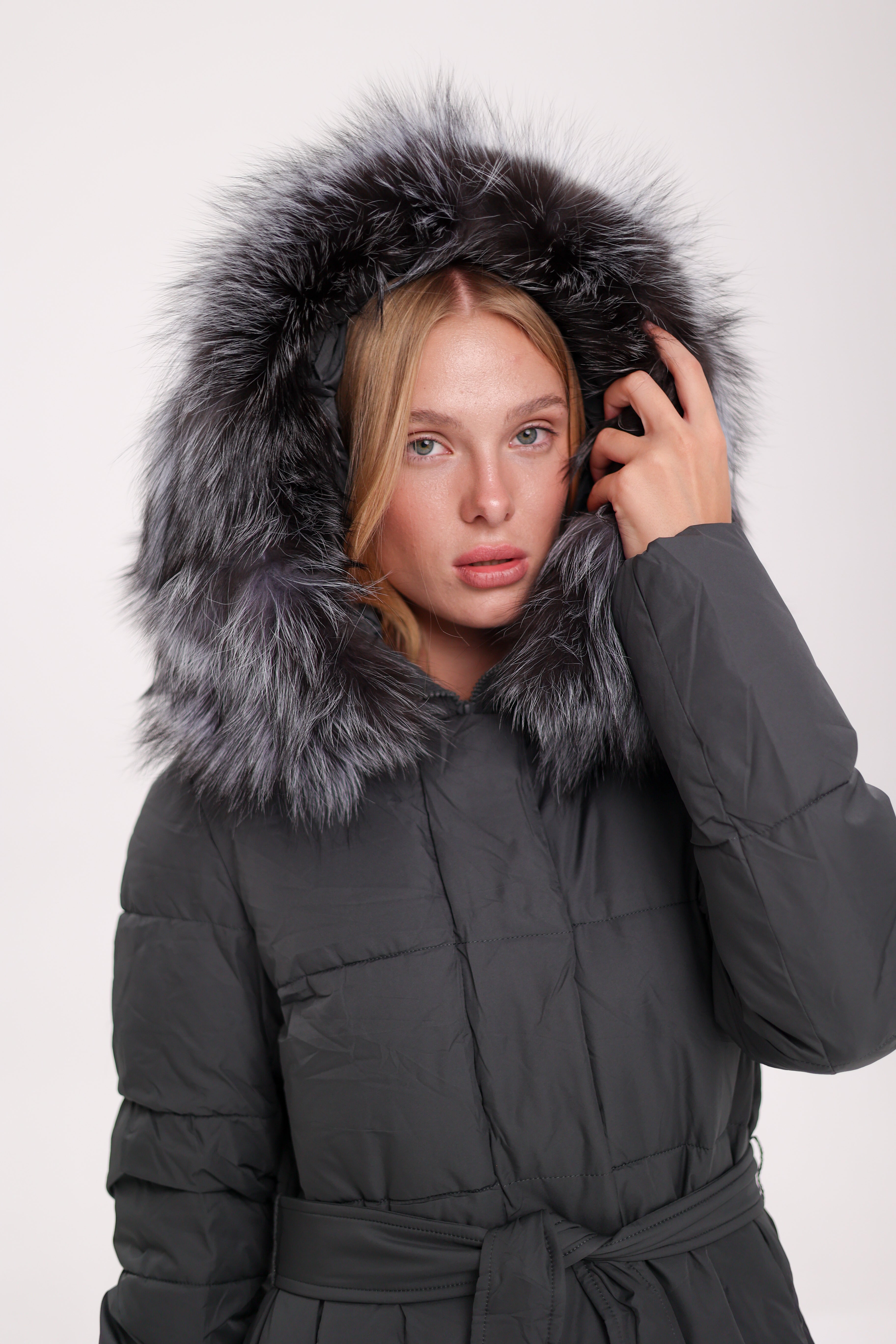 Genuine Silver Fox Belted Winter Insulated Coat - Energize Trek