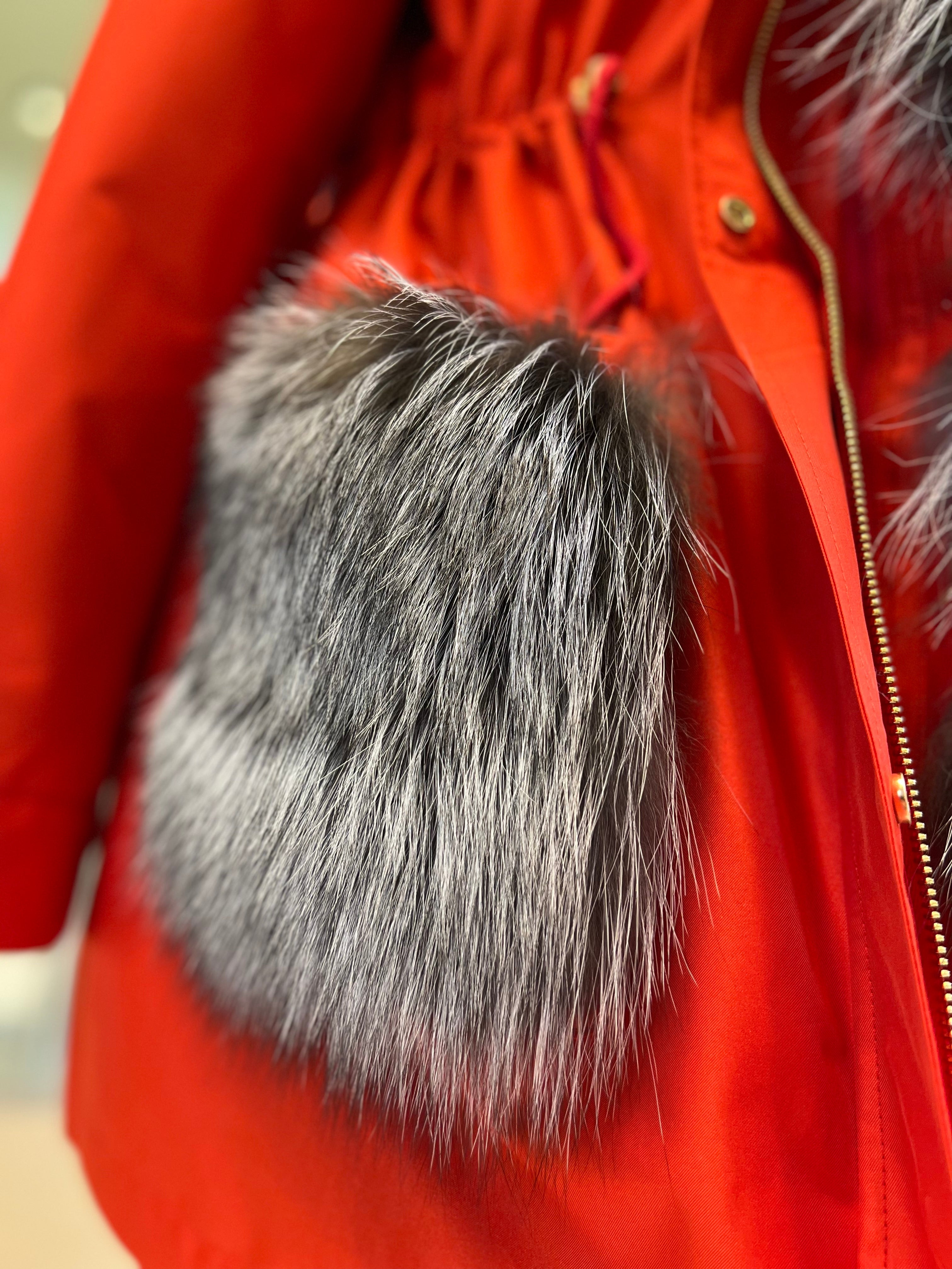 Roma Genuine Silver Fox Fur Rabbit Fur Insulated Parka in Red - Energize Trek