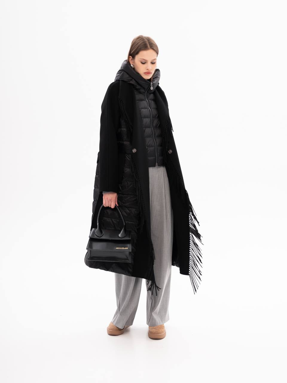 Kennedy Fringe Luxe Down Wool Blend Coat in Black - Energize Trek