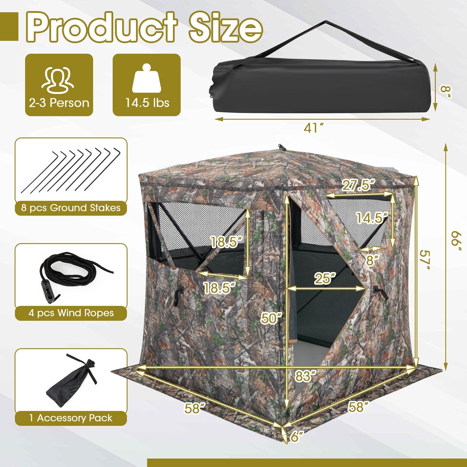 2-3 Person Hunting Blind Portable Pop Up Ground Tent with Carry Bag and Storage Pocket - Energize Trek