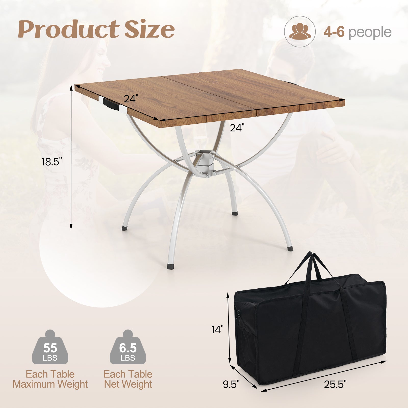 2 Pack Folding Camping Table with Wood-grain Tabletop for Hiking Party-Natural - Energize Trek