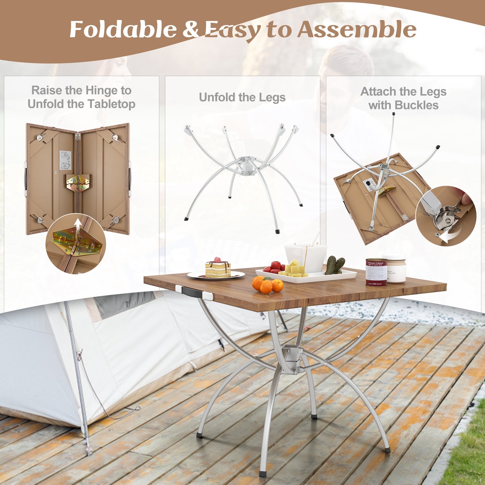2 Pack Folding Camping Table with Wood-grain Tabletop for Hiking Party-Natural - Energize Trek