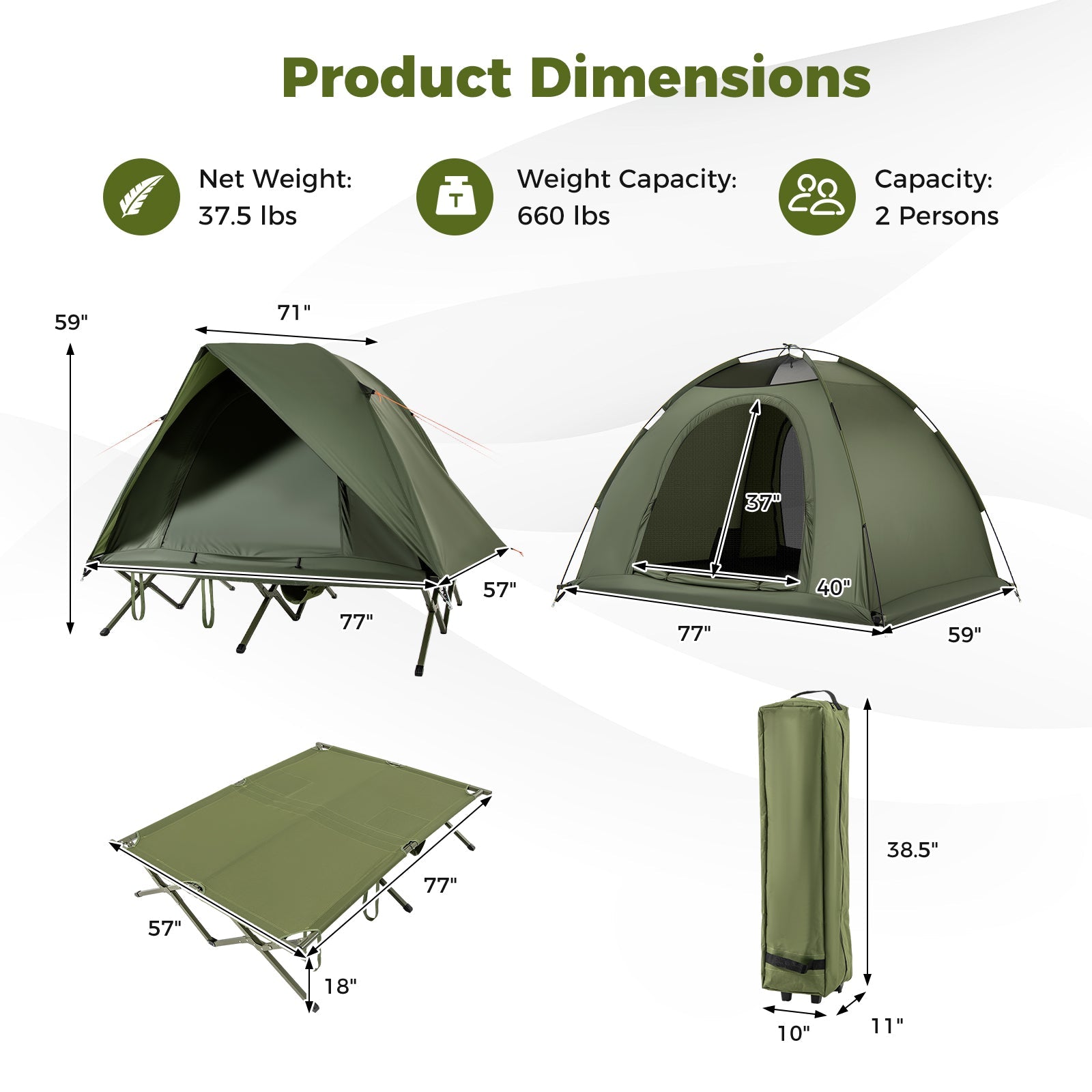 2-Person Camping Cot Tent Foldable Off-Ground Camping Combo for Adults - Energize Trek