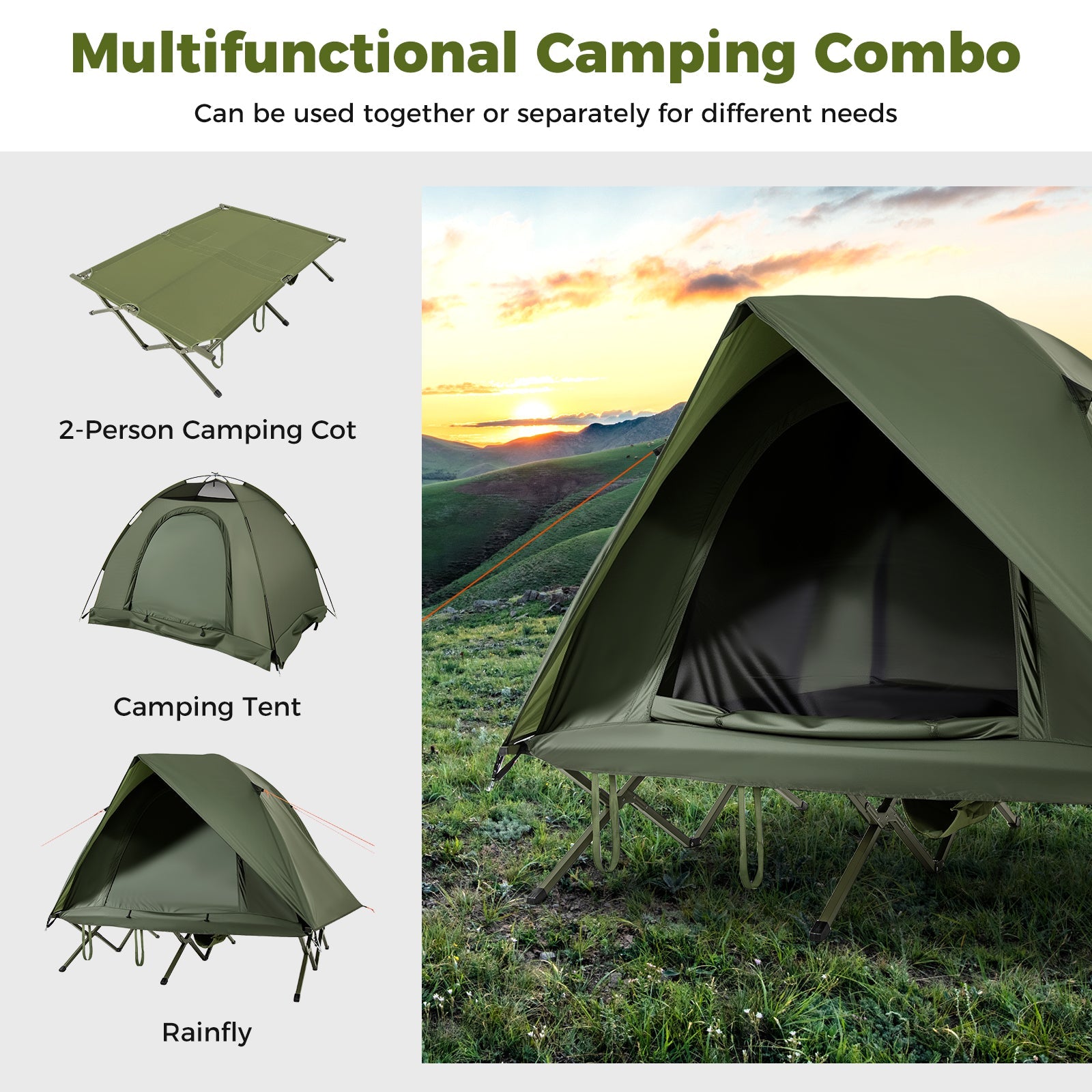 2-Person Camping Cot Tent Foldable Off-Ground Camping Combo for Adults - Energize Trek